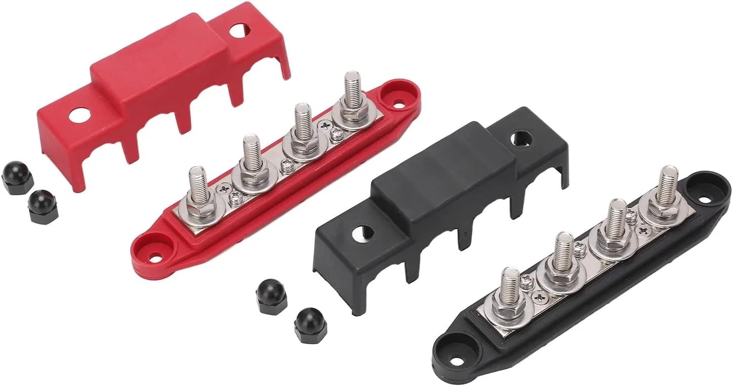 بلوک توزیع 4 ترمینال، مشکی + قرمز M8 4 استد، بلوک های توزیع برق با 2 پوشش و 4 مهره، برای خودروها، RV ها، قایق ها، قایق های تفریحی