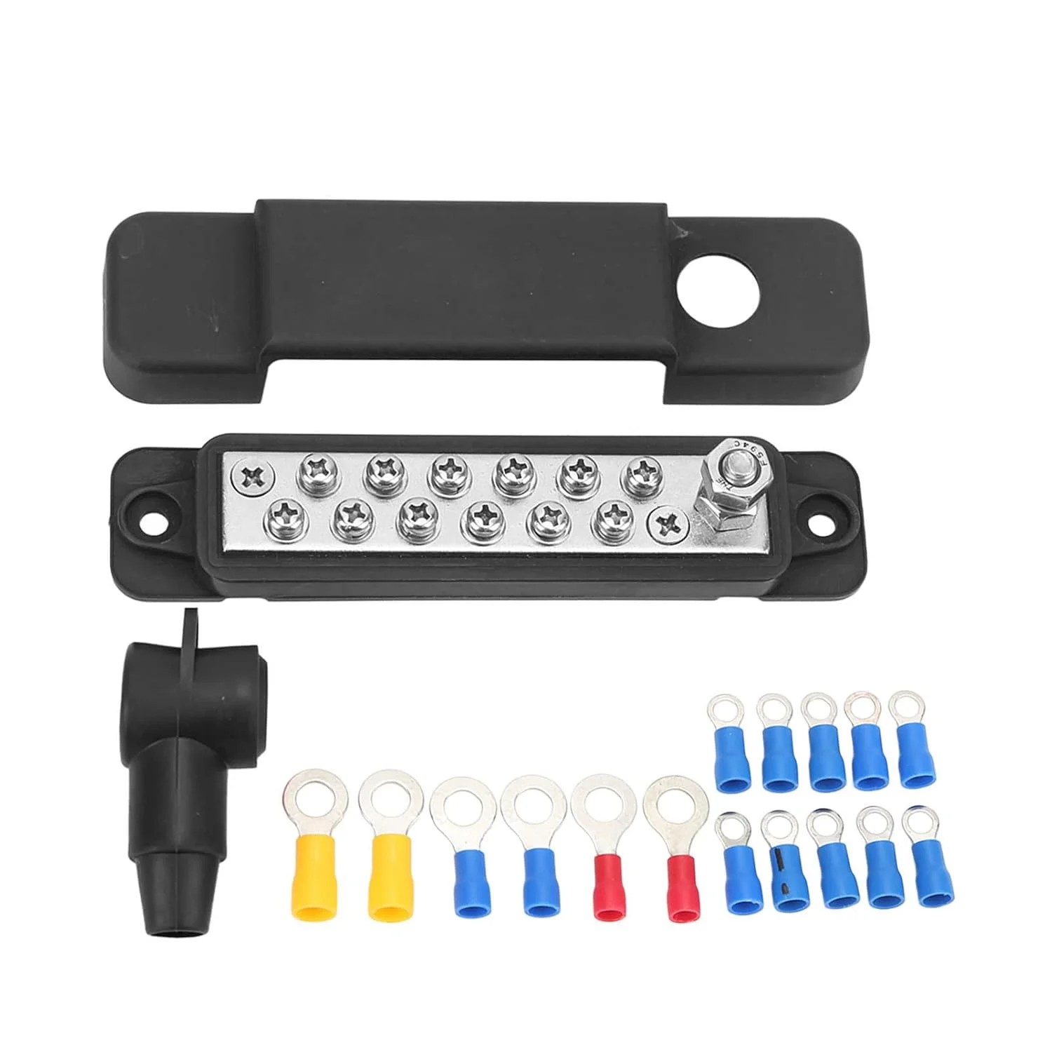 بلوک توزیع برق کیمیس، بلوک توزیع 12 ترمینال 180 آمپر مناسب خودرو، قایق و کشتی به همراه 16 سرسیم حلقوی (مشکی)