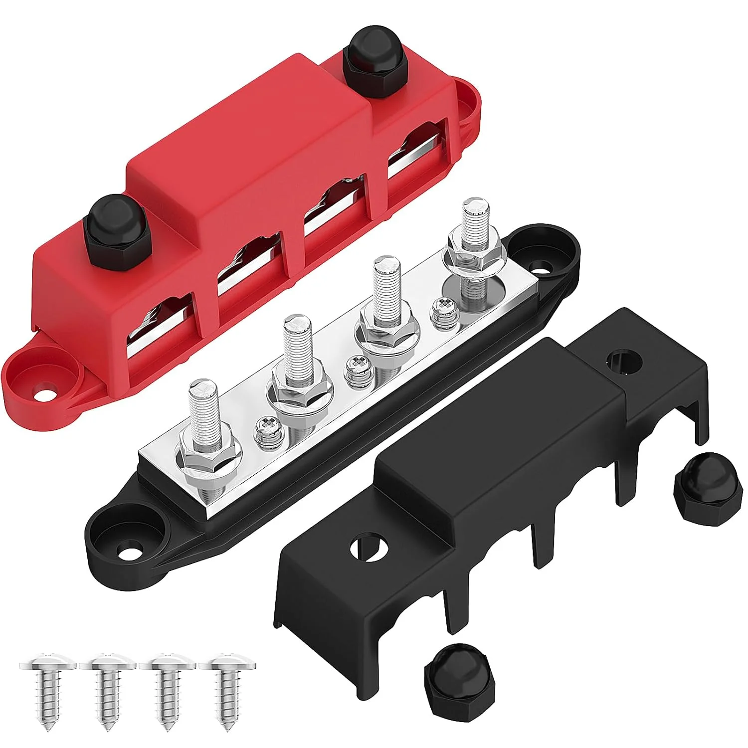 بلوک توزیع برق باس بار Joinfworld 12V 250A با 4 عدد استد 5/16 اینچی (M8) باس بار دریایی 12 ولت DC بلوک ترمینال باس بار باتری برای سیم کشی خودرو، ماشین، قایق، خورشیدی - منفی و مثبت