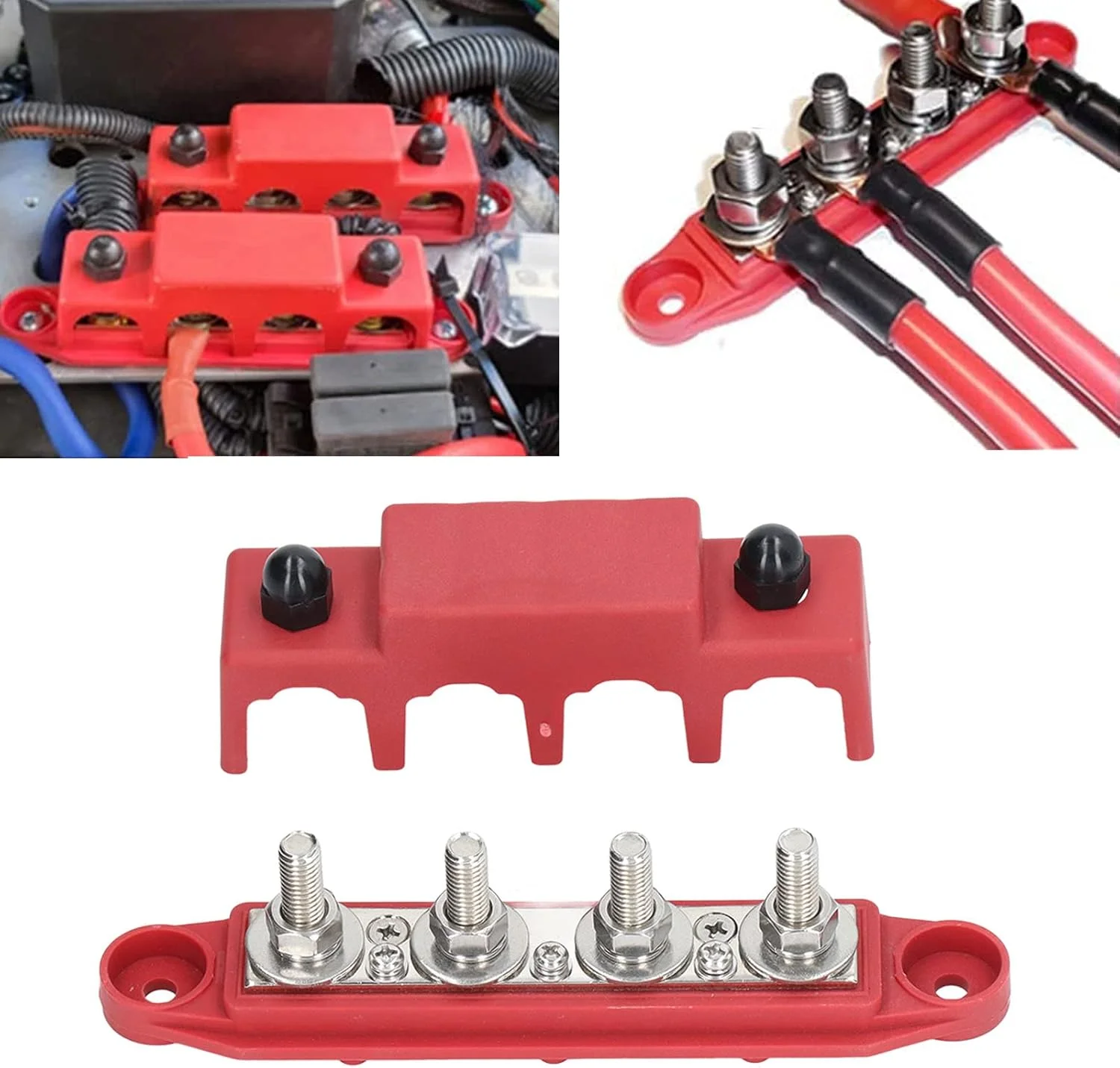 بلوک توزیع برق Keenso، بلوک باس بار توزیع برق 4 پست با پوشش، ترمینال های M8، آمپراژ 250 آمپر برای خودروهای دریایی و RV (قرمز)