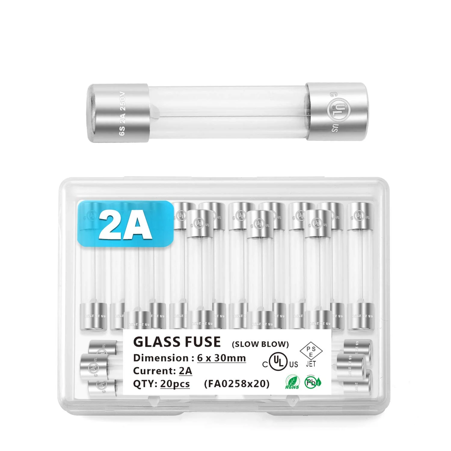 CHANZON [دارای تاییدیه UL] 20 عدد فیوز شیشه ای کارتریجی 6x30 6.4mmx30.3mm 2A با تاخیر 125V/250V