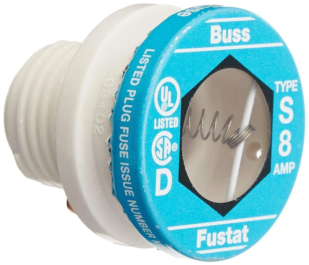 فیوز تاخیری دو عنصره نوع S باسمن BP/S-8 با آمپر 8، پایه رد کننده فیوز پلاگینی، 125 ولت دارای لیست UL، بسته بندی شده توسط باسمن