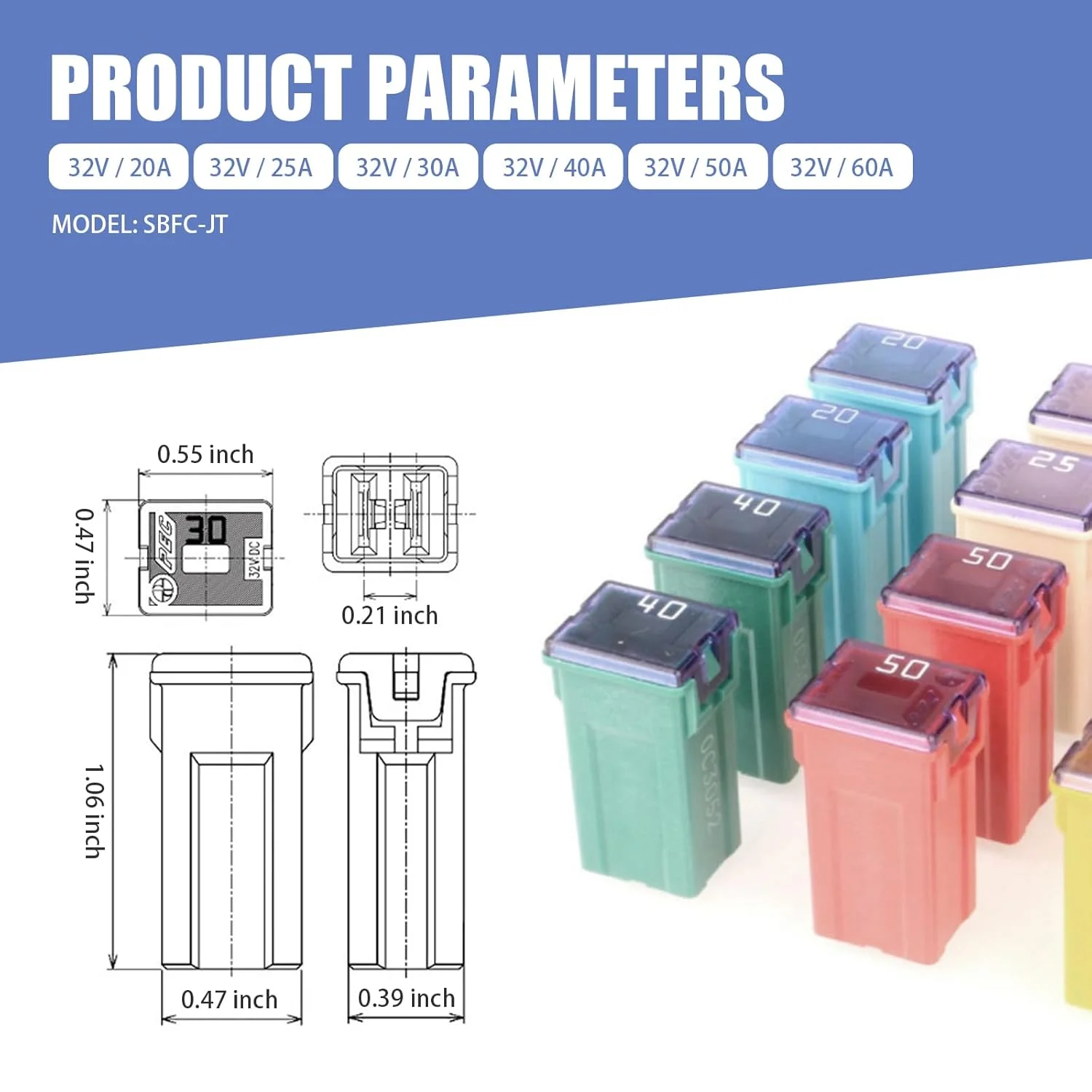 کیت ترکیبی فیوز بلند فندکی خودرو Sephile شامل 6 عدد، 0.55" x 0.47" x 1.06"، 20A 25A 30A 40A 50A 60A، کیت فیوز 32 ولت با کد رنگی، قطعات تعمیر و تعویض فیوز برای خودروهای سواری و شاسی بلند (چند رنگ)