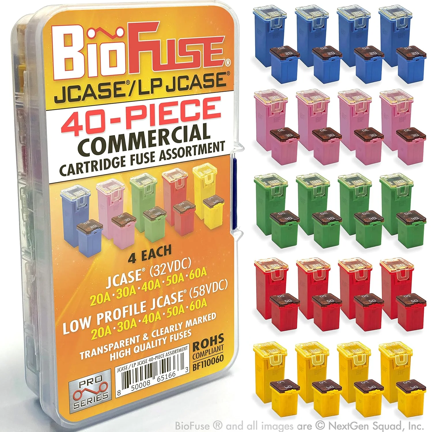 مجموعه فیوز کارتریجی تجاری 40 عددی BioFuse JCASE & LP (پروفایل کوتاه) JCASE با آمپرهای 20A 30A 40A 50A 60A (از هر کدام 4 عدد) مناسب برای اکثر خودروها: نیسان، تویوتا، کرایسلر، دوج، شورلت، جنرال موتورز، فورد