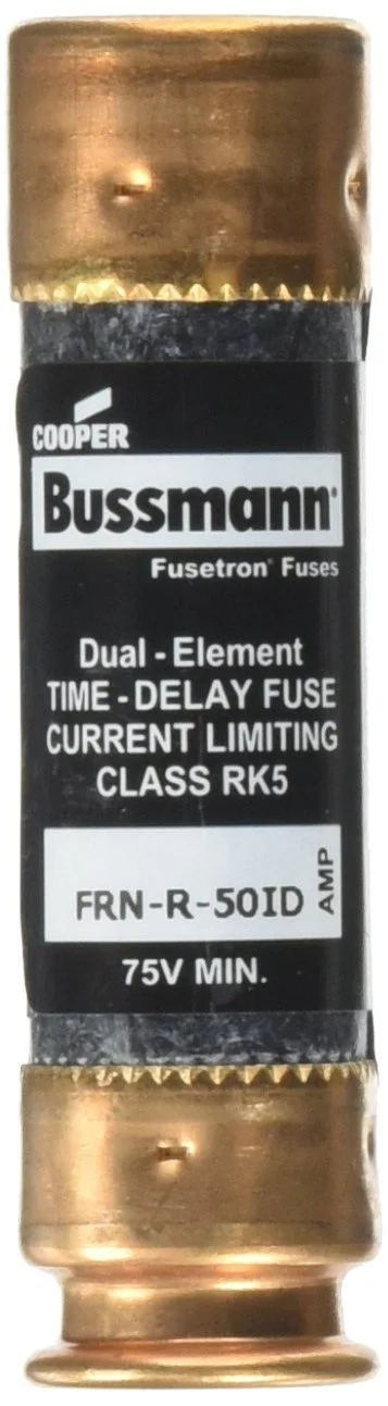 فیوز Bussmann FRN-R-50 50 آمپر Fusetron دو عنصره با تاخیر زمانی محدود کننده جریان کلاس RK5، 250 ولت دارای تاییدیه UL توسط Bussmann