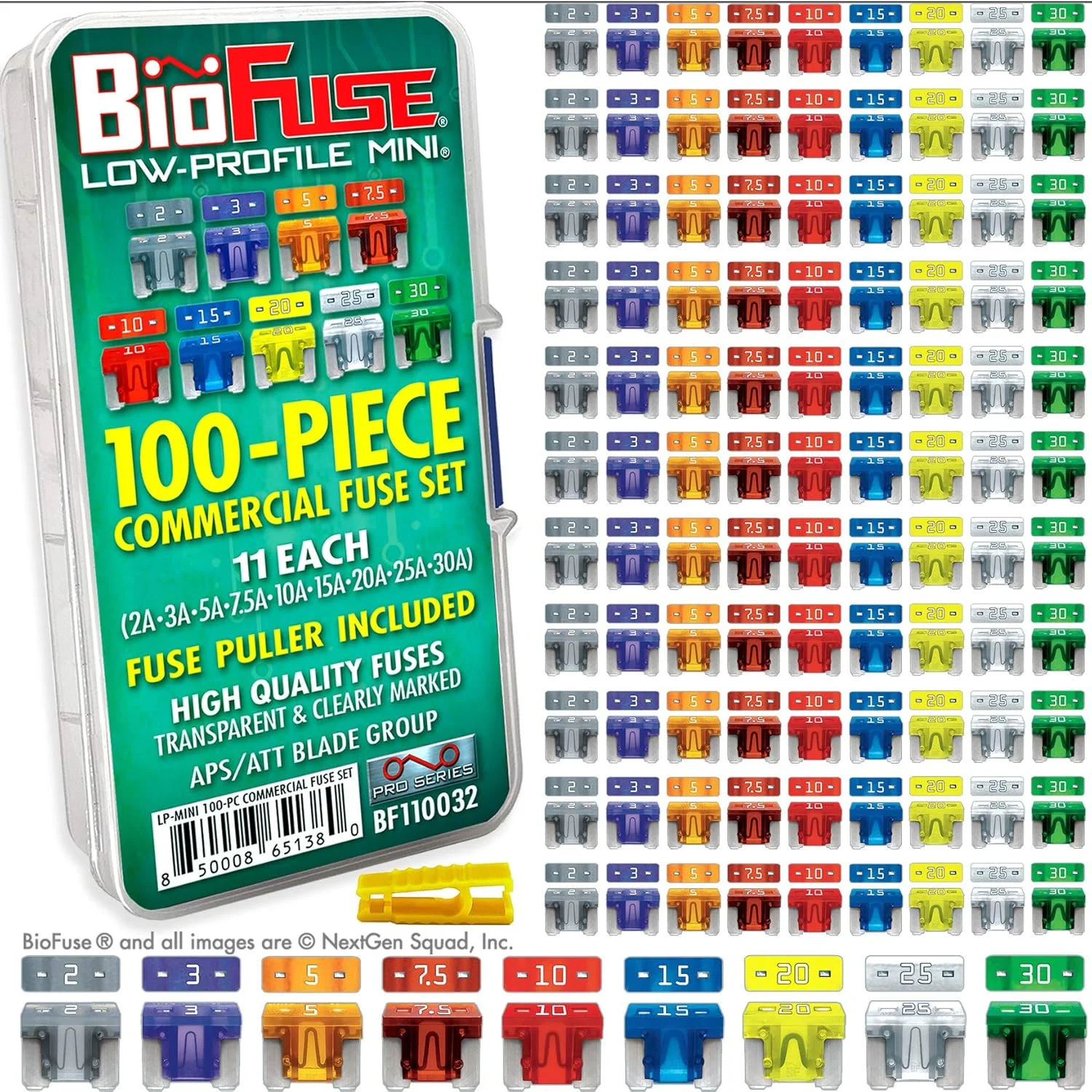 مجموعه 100 عددی فیوزهای مینیاتوری کم ارتفاع BioFuse مدل ATT برای خودروهای تجاری (99 فیوز تیغه ای LP-Mini + فیوز کش) 2A 3A 5A 7.5A 10A 15A 20A 25A 30A