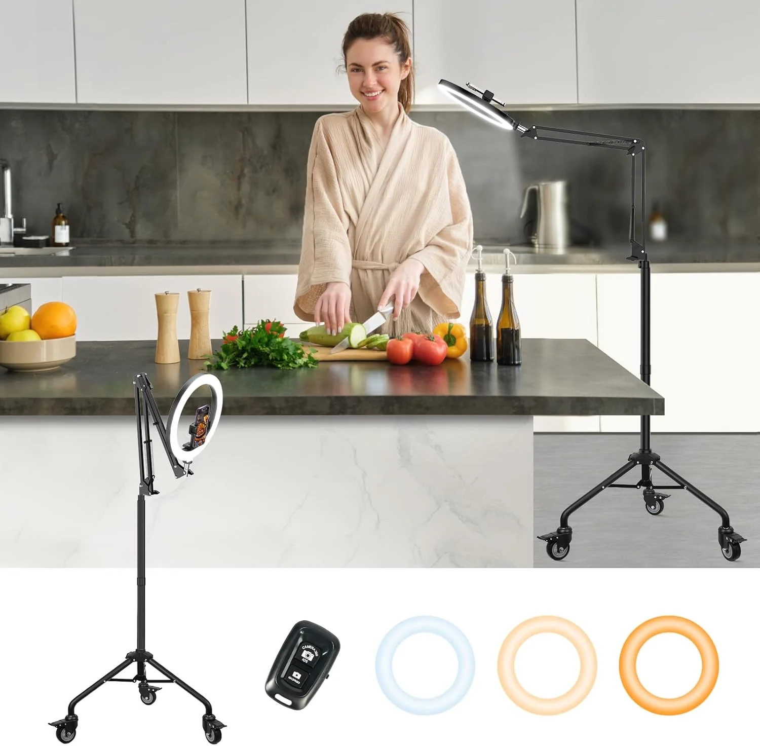 حلقه نور ال‌ای‌دی LUXSURE با سه پایه برای آیفون، حلقه نور با پایه و نگهدارنده گوشی، پایه دوربین/گوشی ال‌ای‌دی بالای سر با چرخ، سه پایه گوشی با نور و ریموت برای ضبط ویدیو/پخش زنده/آشپزی