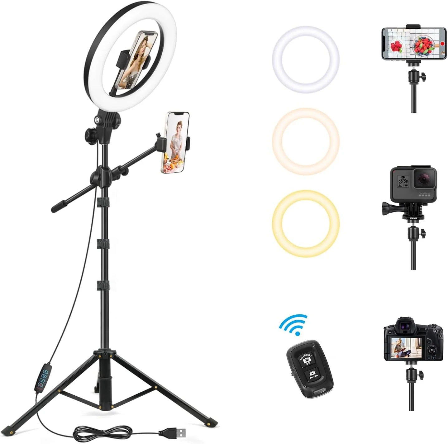 حلقه نور 10.5 اینچی LUXSURE با پایه سه پایه و نگهدارنده تلفن، پایه نگهدارنده تلفن دوربین بالای سر برای ضبط ویدیو/پخش زنده/سلفی/آشپزی