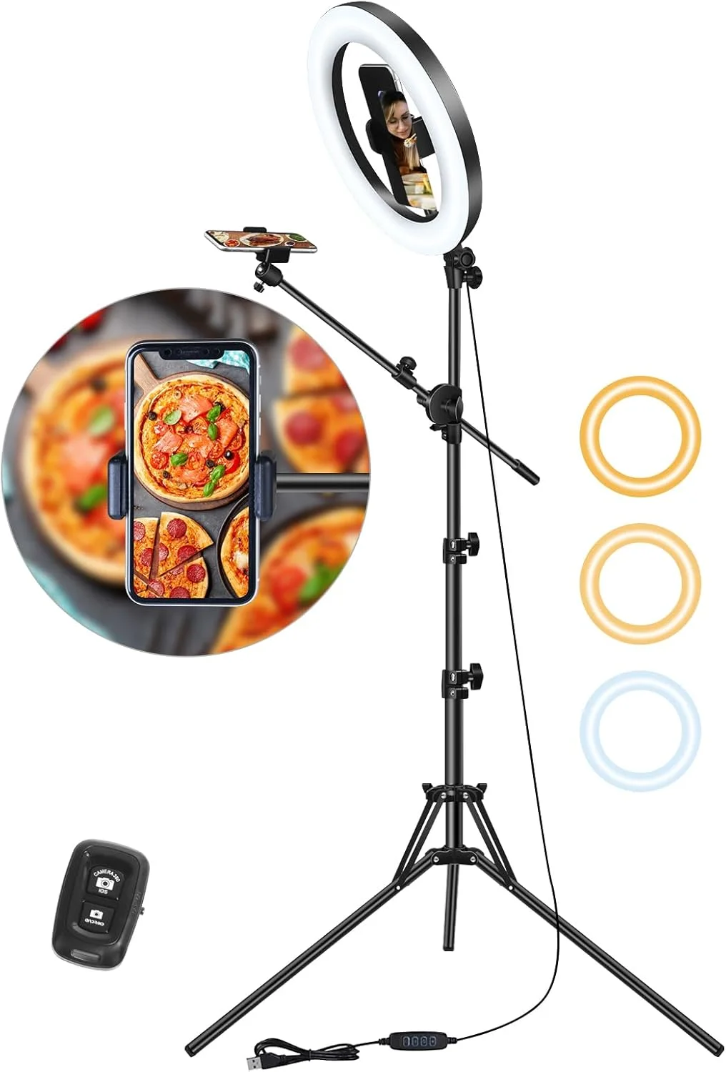 حلقه نور سلفی LUXSURE با پایه و نگهدارنده تلفن، سه پایه حلقه نور برای آیفون، پایه تلفن بالای سر 10.5 اینچی با پایه تلفن، سه پایه با نور برای پخش زنده/آرایش/یوتیوب/TikTok/آشپزی