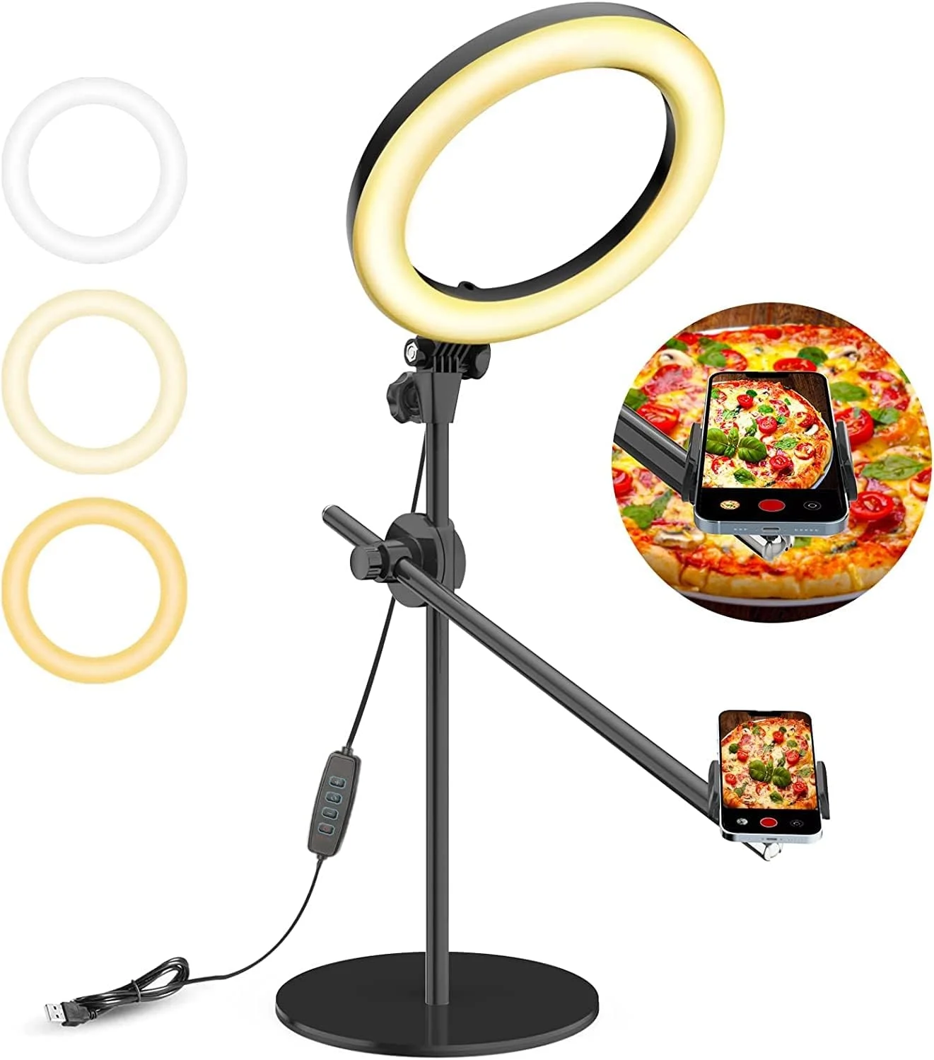 حلقه نور LUXSURE برای میز با پایه، نگهدارنده دوربین/گوشی بالای سر با چراغ حلقه ای 10.5 اینچی برای آیفون، سه پایه گوشی با نور قابل تنظیم برای ضبط ویدیو، آشپزی، پخش زنده، تولید کننده محتوا