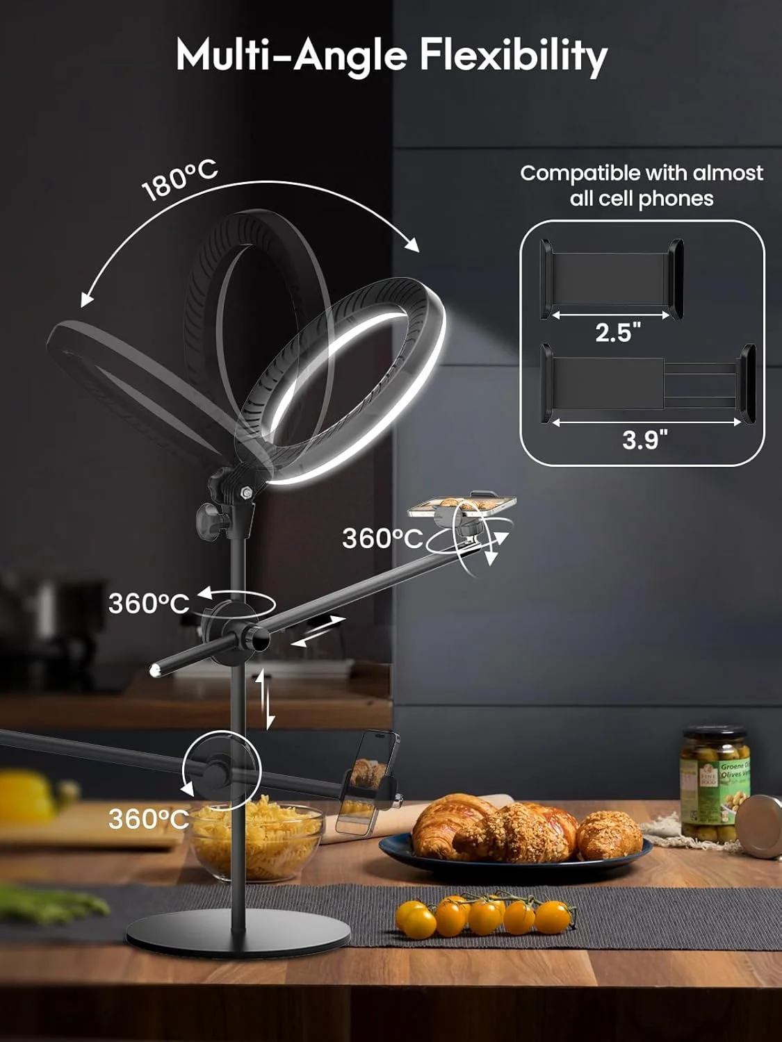 حلقه نور LUXSURE برای میز با پایه، نگهدارنده دوربین/گوشی بالای سر با چراغ حلقه ای 10.5 اینچی برای آیفون، سه پایه گوشی با نور قابل تنظیم برای ضبط ویدیو، آشپزی، پخش زنده، تولید کننده محتوا حلقه نور LUXSURE برای میز با پایه، نگهدارنده دوربین/گوشی بالای سر با چراغ حلقه ای 10.5 اینچی برای آیفون، سه پایه گوشی با نور قابل تنظیم برای ضبط ویدیو، آشپزی، پخش زنده، تولید کننده محتوا