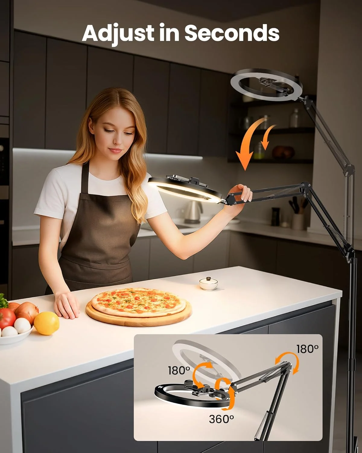 حلقه نور الایدی LUXSURE با سه پایه برای آیفون، پایه دوربین بالای سر با چرخ، حلقه نور با پایه و نگهدارنده تلفن برای ضبط ویدیو، سه پایه تلفن با نور برای پخش زنده/آشپزی حلقه نور الایدی LUXSURE با سه پایه برای آیفون، پایه دوربین بالای سر با چرخ، حلقه نور با پایه و نگهدارنده تلفن برای ضبط ویدیو، سه پایه تلفن با نور برای پخش زنده/آشپزی