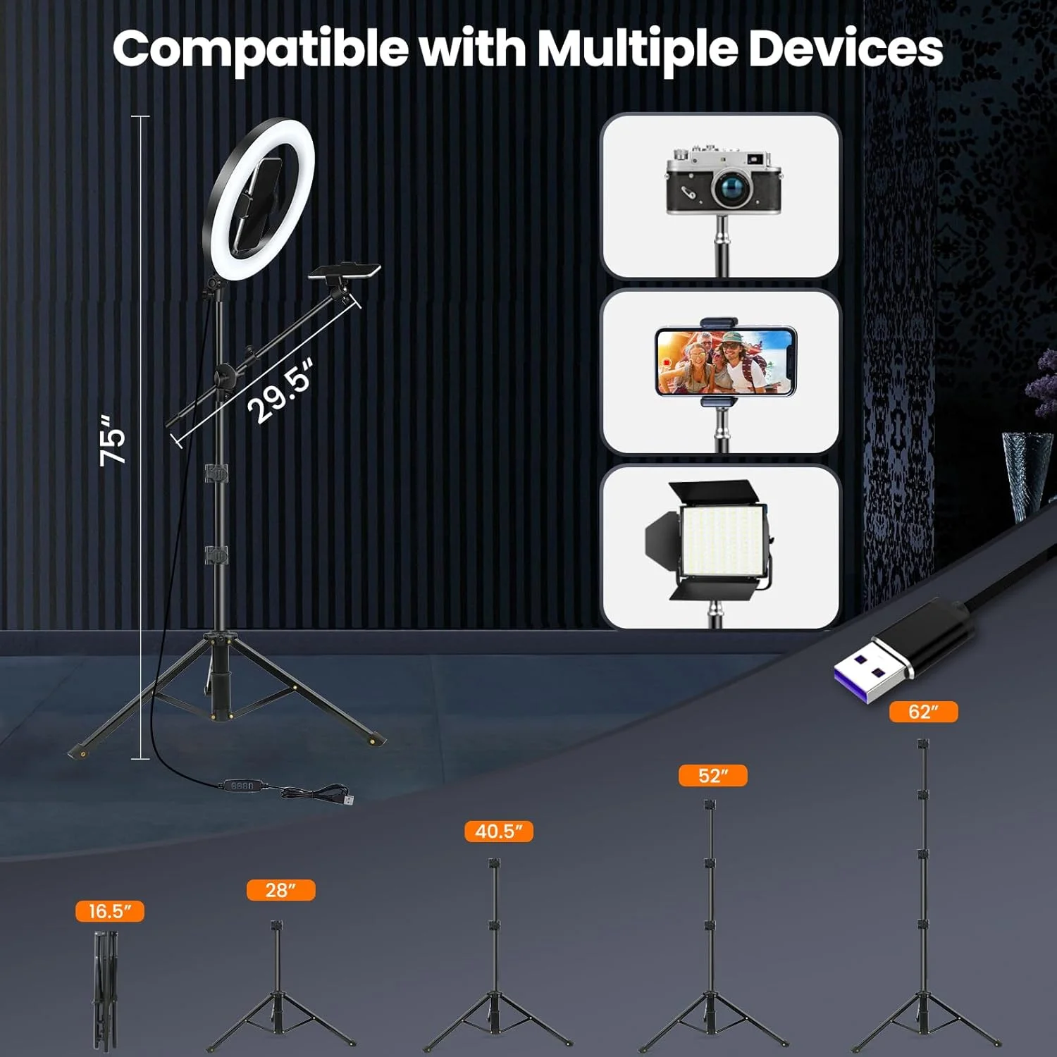 حلقه نور سلفی LUXSURE با پایه و نگهدارنده تلفن، سه پایه حلقه نور برای آیفون، پایه تلفن بالای سر 10.5 اینچی با پایه تلفن، سه پایه با نور برای پخش زنده/آرایش/یوتیوب/TikTok/آشپزی