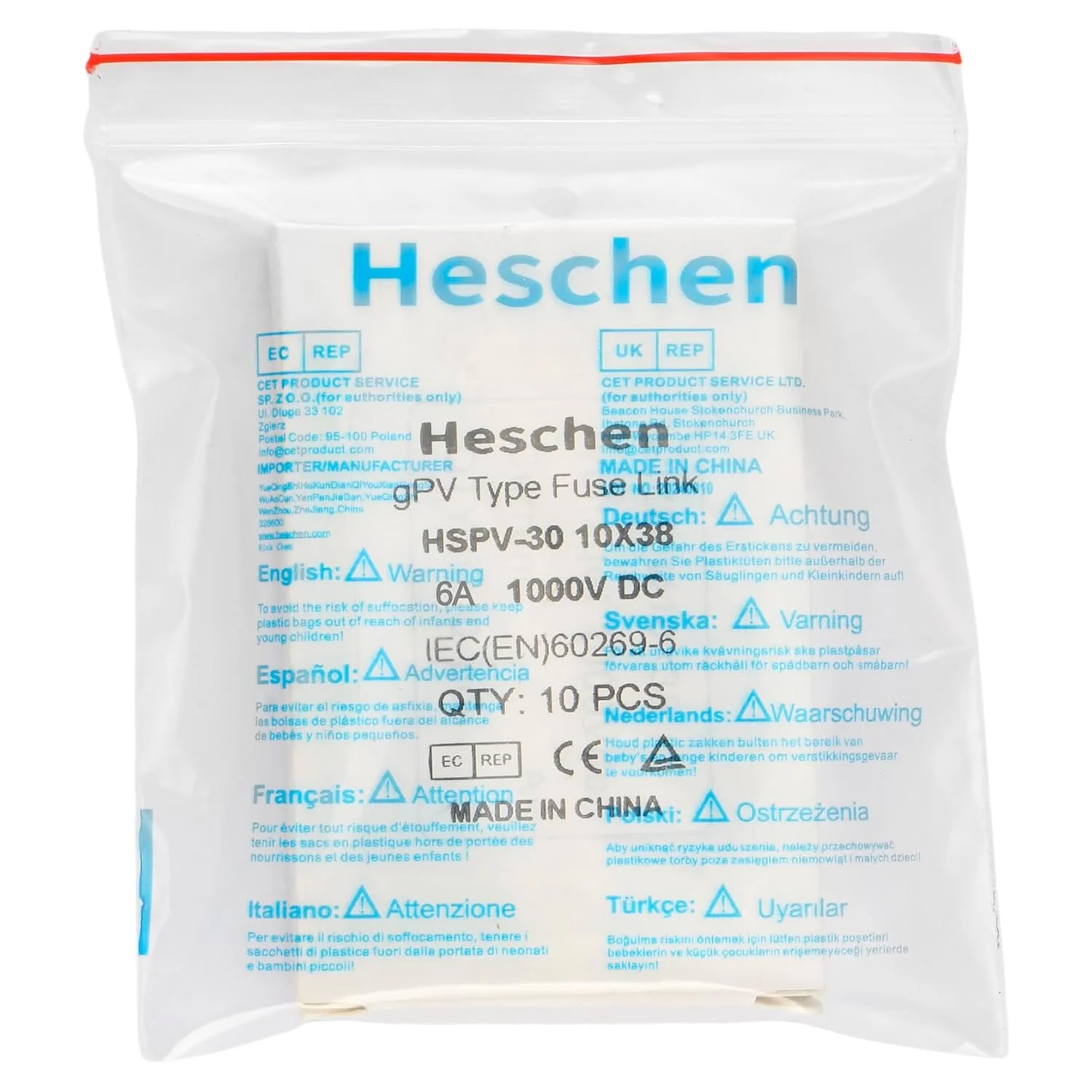 فیوز فتوولتائیک DC1000V Heschen Solar، فیوزهای فتوولتائیک، فیوز لینک نوع gPV، HSPV-30، 10 * 38mm، 6A 1000VDC، I1 33kA، برای حفاظت از سیستم PV خورشیدی، 10 عدد فیوز فتوولتائیک DC1000V Heschen Solar، فیوزهای فتوولتائیک، فیوز لینک نوع gPV، HSPV-30، 10 * 38mm، 6A 1000VDC، I1 33kA، برای حفاظت از سیستم PV خورشیدی، 10 عدد