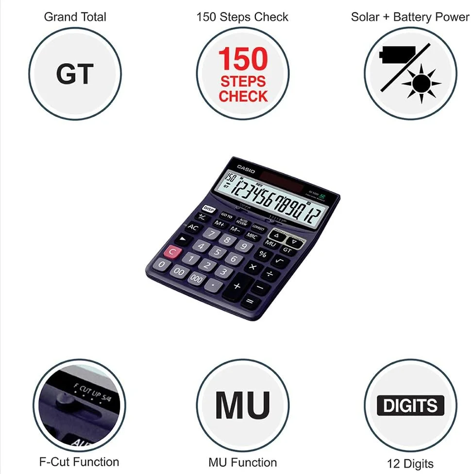 ماشین حساب رومیزی کاسیو DJ-120D با قابلیت بررسی و اصلاح 150 مرحله ای، صفحه نمایش/کلیدهای بزرگتر (12 رقمی)، مشکی ماشین حساب رومیزی کاسیو DJ-120D با قابلیت بررسی و اصلاح 150 مرحله ای، صفحه نمایش/کلیدهای بزرگتر (12 رقمی)، مشکی