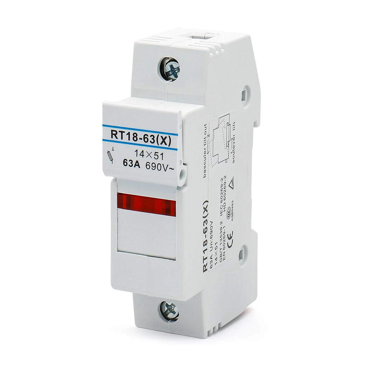 پایه فیوز استوانه ای RT18-63(X) 14mm X 51mm تک پل قابل نصب روی ریل DIN دارای گواهینامه CE و TüV (5 عدد فیوز 32 آمپر) پایه فیوز استوانه ای RT18-63(X) 14mm X 51mm تک پل قابل نصب روی ریل DIN دارای گواهینامه CE و TüV (5 عدد فیوز 32 آمپر)
