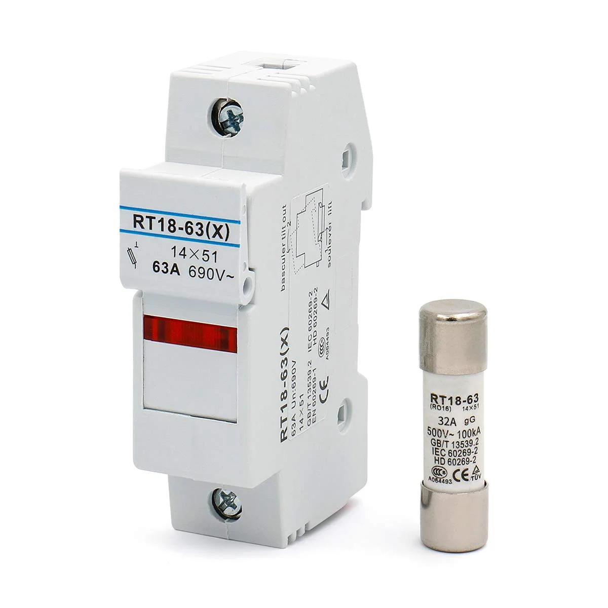 پایه فیوز استوانه ای RT18-63(X) 14mm X 51mm تک پل قابل نصب روی ریل DIN دارای گواهینامه CE و TüV (5 عدد فیوز 32 آمپر)