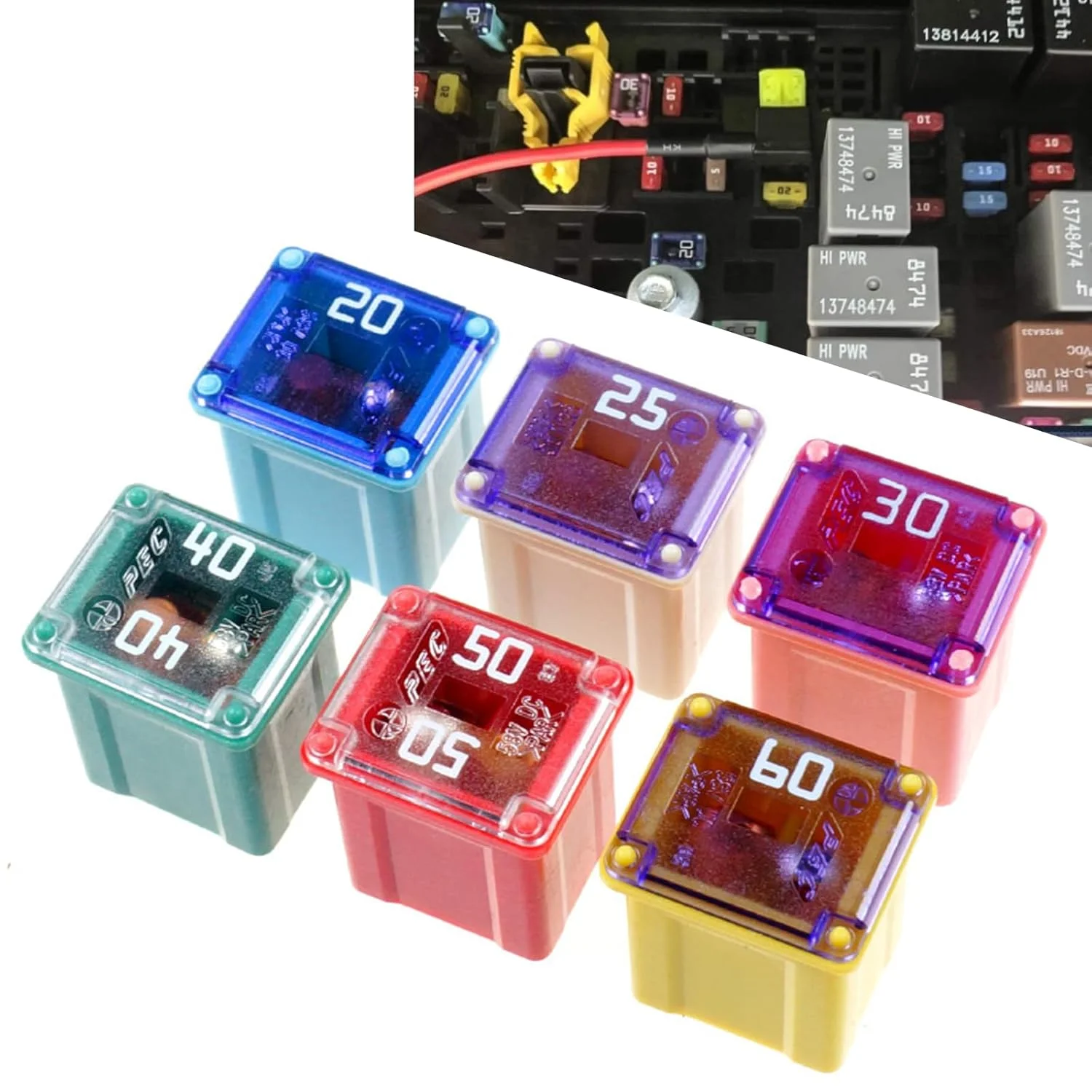 مجموعه فیوز خودرو 6 عددی getfay، جعبه فیوز بلند 20A 25A 30A 40A 50A 60A، فیوز فن فندکی چند منظوره، جهانی برای لوازم جانبی تعمیر خودروهای سواری کامیون SUV (چند رنگ)