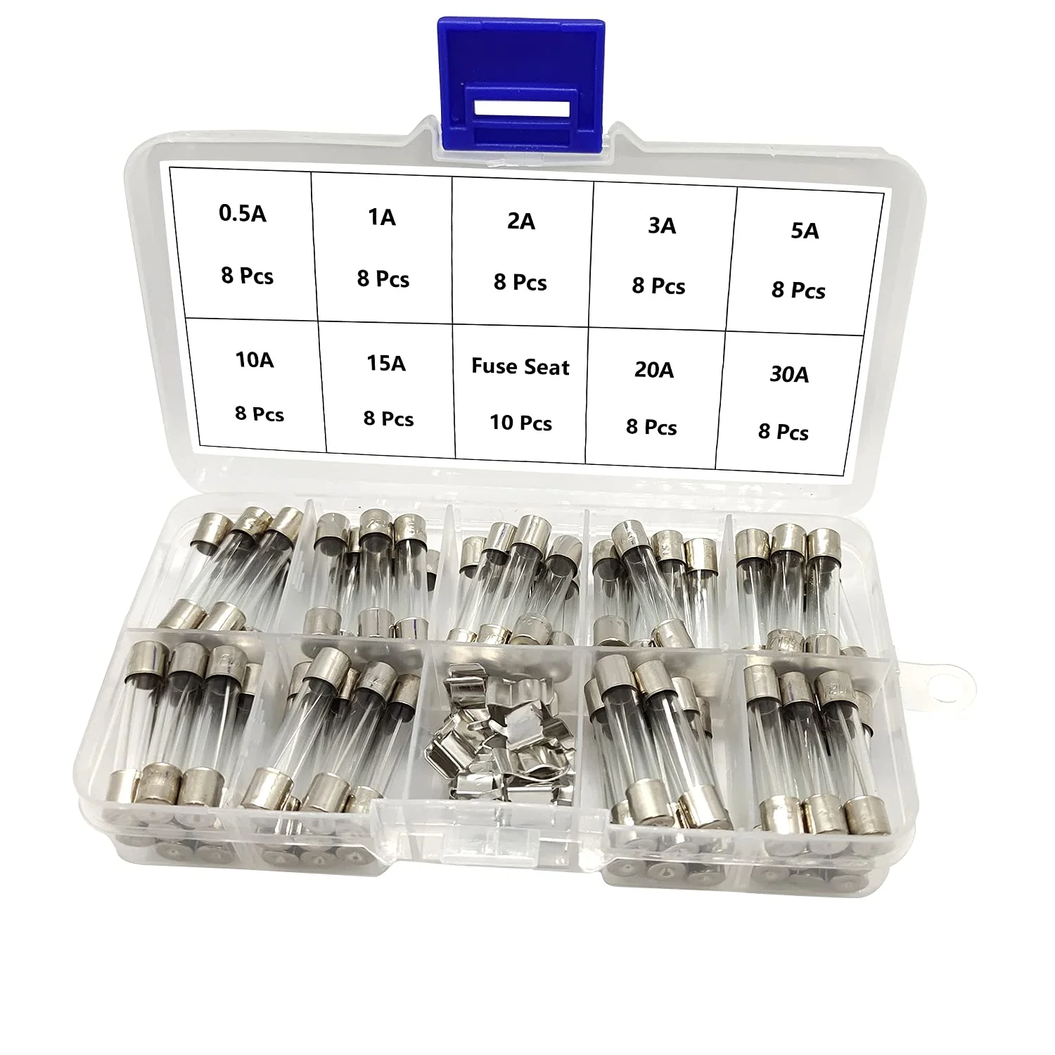 کیت متنوع فیوز شیشه ای کارتریجی سریع سوز ALLNICE M6 x 30 میلی متر، 0.5 آمپر 1 آمپر 2 آمپر 3 آمپر 5 آمپر 10 آمپر 15 آمپر 20 آمپر 30 آمپر، 72 عدد فیوز و 10 عدد جای فیوز (نوع 1: M6 x 30 میلی متر)