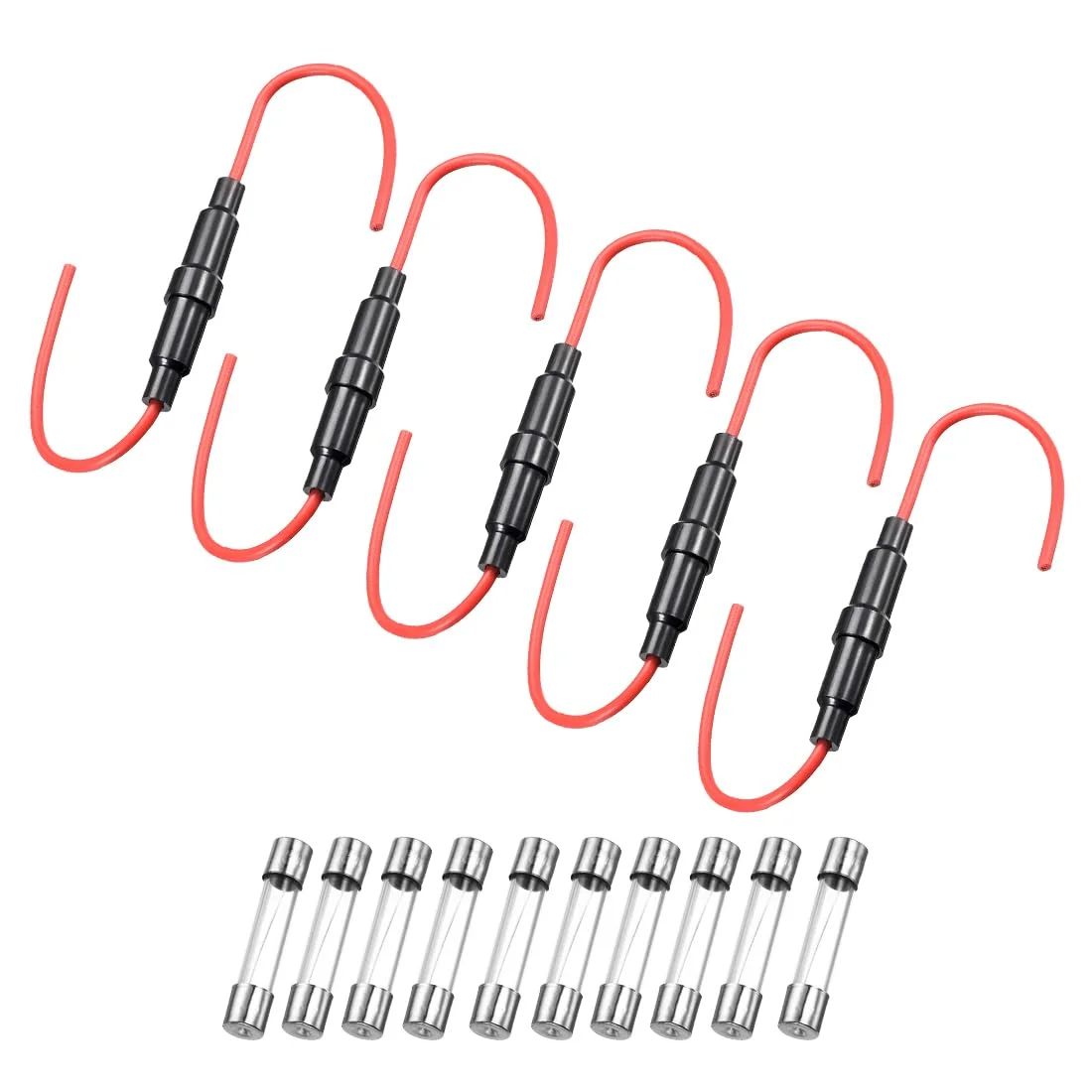 uxcell 5 عدد نگهدارنده فیوز نوع پیچی 6x30 میلی متر سیم قرمز 16 گیج AWG با 10 عدد فیوز شیشه ای سریع سوز 10 آمپر