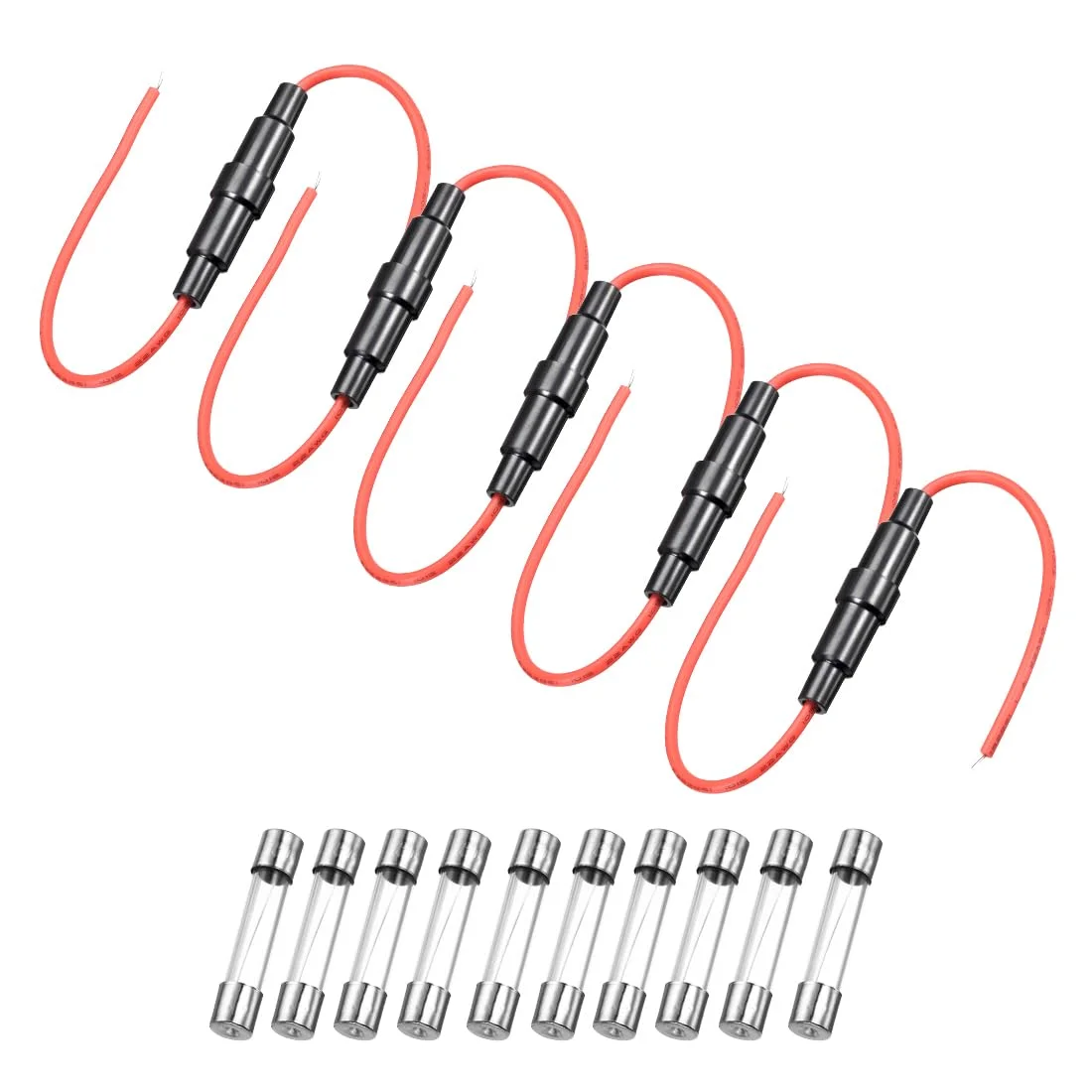 uxcell 5 عدد جا فیوزی پیچی 5x20 میلی‌متری با سیم قرمز 22 گیج AWG به همراه 10 عدد فیوز شیشه‌ای 10 آمپر سریع‌سوز