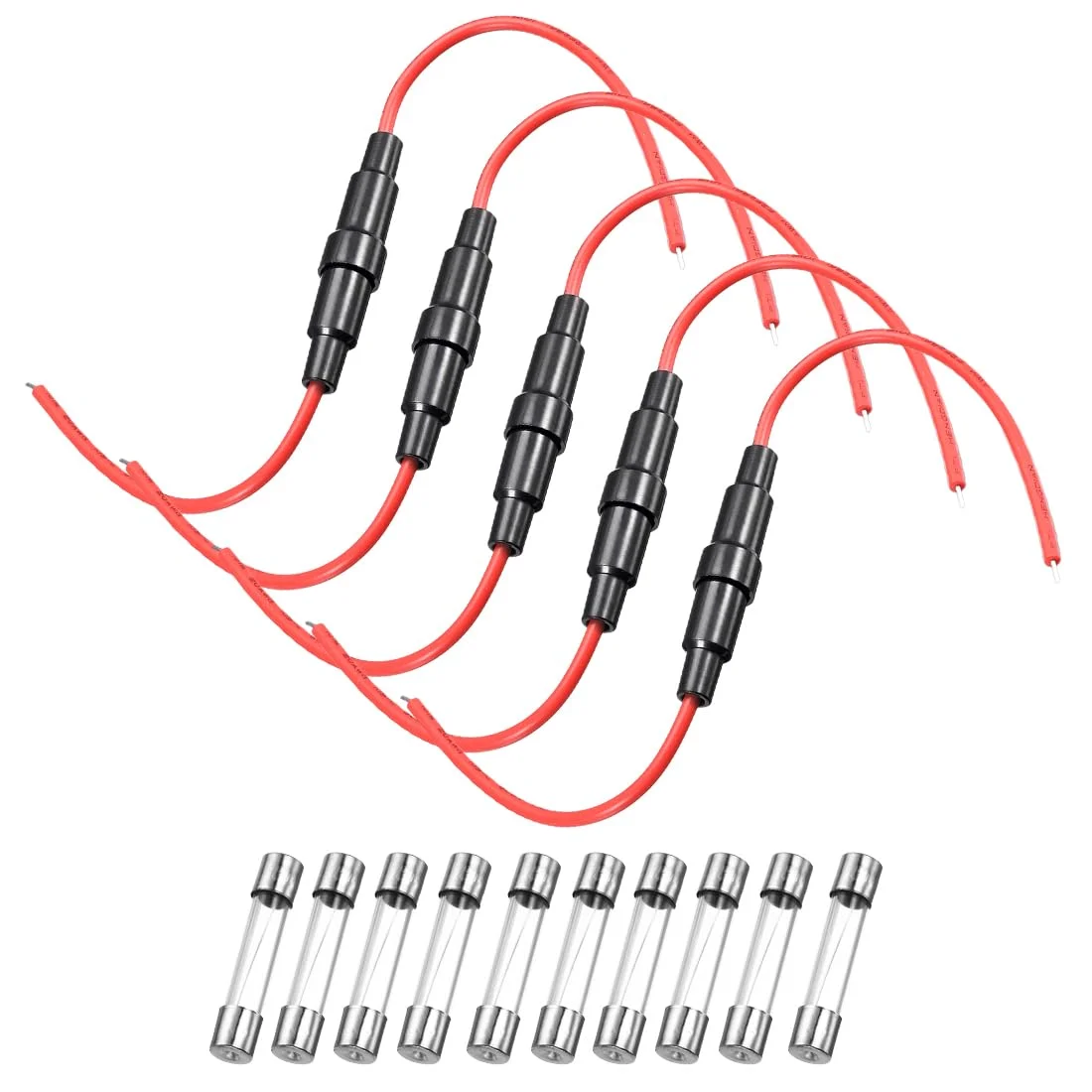 uxcell 5 عدد هولدر فیوز پیچی 5x20 میلی‌متری، سیم قرمز 20 AWG به همراه 10 عدد فیوز شیشه‌ای سریع‌سوز 10 آمپر