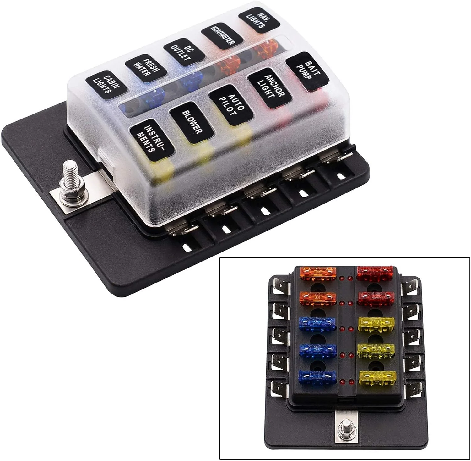 جعبه فیوز 10 راهه DLRSET با نشانگر هشدار LED برای خودرو، قایق، دریایی، سه چرخه، RV، DC12V-32V جعبه فیوز 10 راهه DLRSET با نشانگر هشدار LED برای خودرو، قایق، دریایی، سه چرخه، RV، DC12V-32V