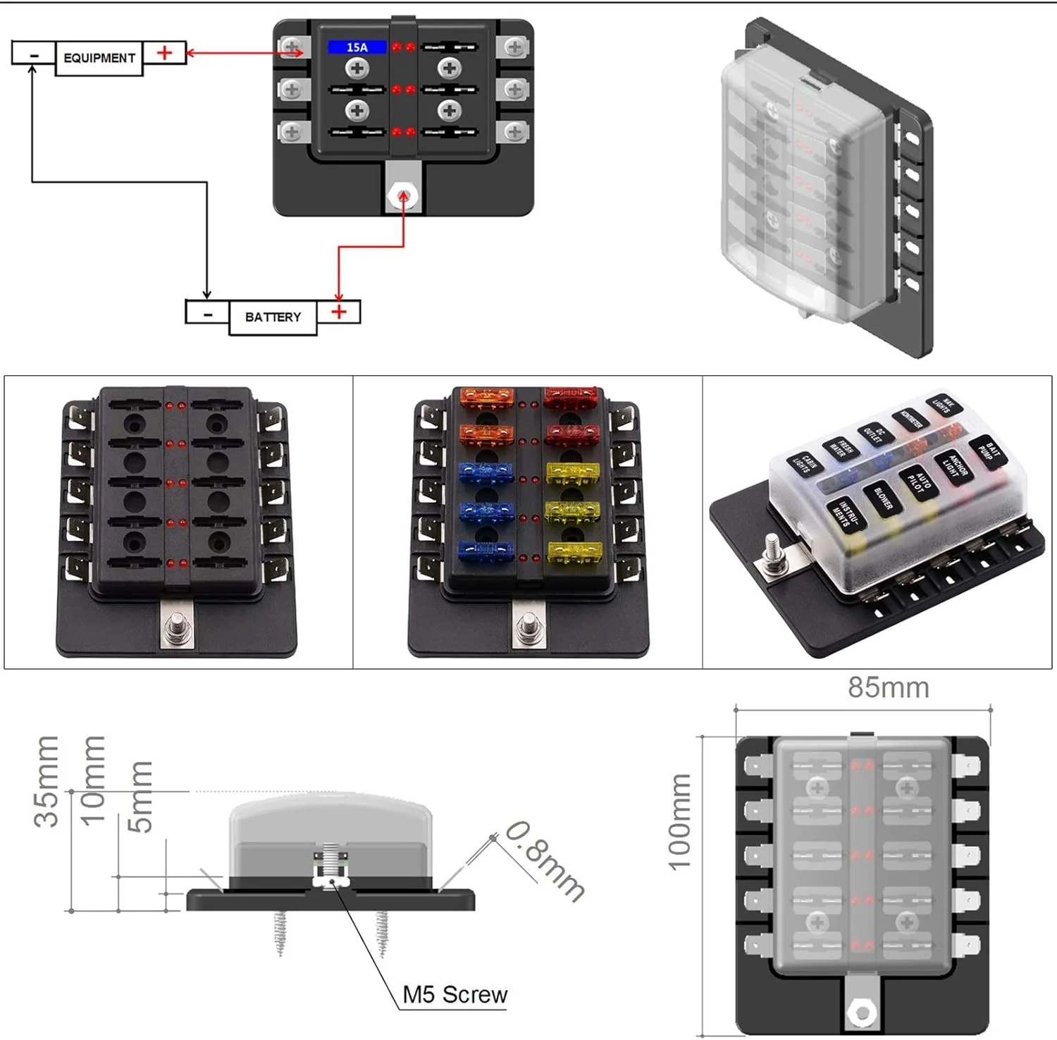جعبه فیوز 10 راهه DLRSET با نشانگر هشدار LED برای خودرو، قایق، دریایی، سه چرخه، RV، DC12V-32V جعبه فیوز 10 راهه DLRSET با نشانگر هشدار LED برای خودرو، قایق، دریایی، سه چرخه، RV، DC12V-32V