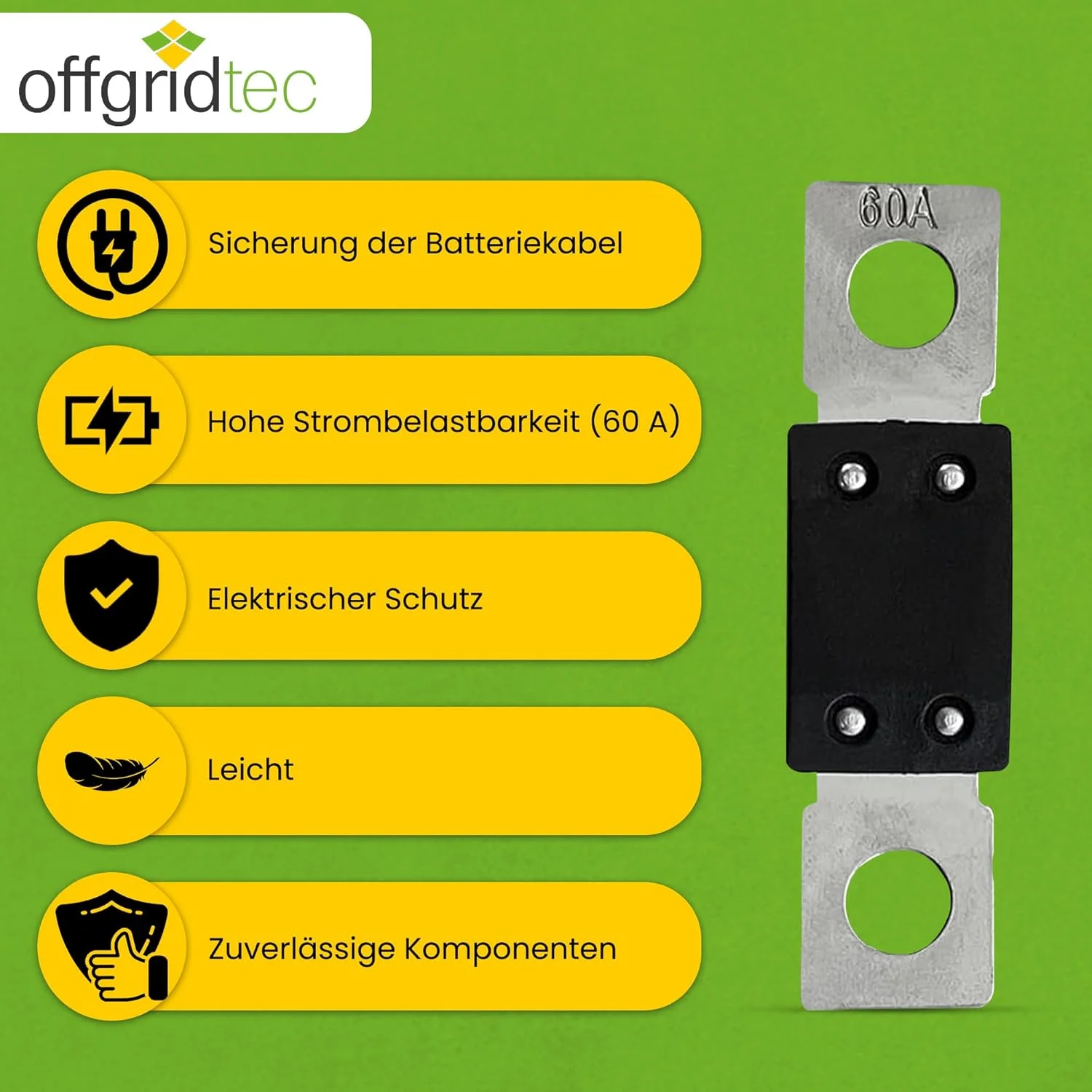 مجموعه فیوز مگا 60 آمپر Offgridtec برای سیستم های 48 ولت DC، فیوزهای نواری جریان بالا با اتصالات مسی، مقاومت تماس کم، محافظت در برابر جرقه، نصب پیچی، دارای گواهینامه RoHS و UL، بسته 5 عددی