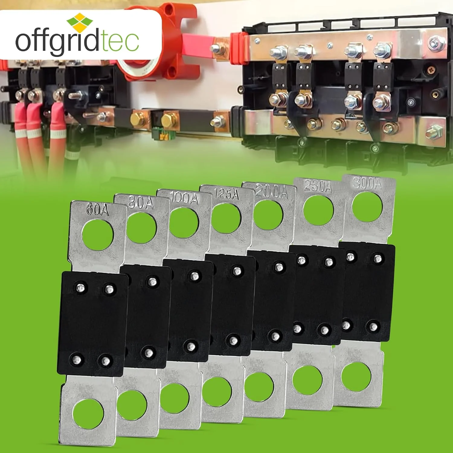 مجموعه فیوز مگا 60 آمپر Offgridtec برای سیستم های 48 ولت DC، فیوزهای نواری جریان بالا با اتصالات مسی، مقاومت تماس کم، محافظت در برابر جرقه، نصب پیچی، دارای گواهینامه RoHS و UL، بسته 5 عددی
