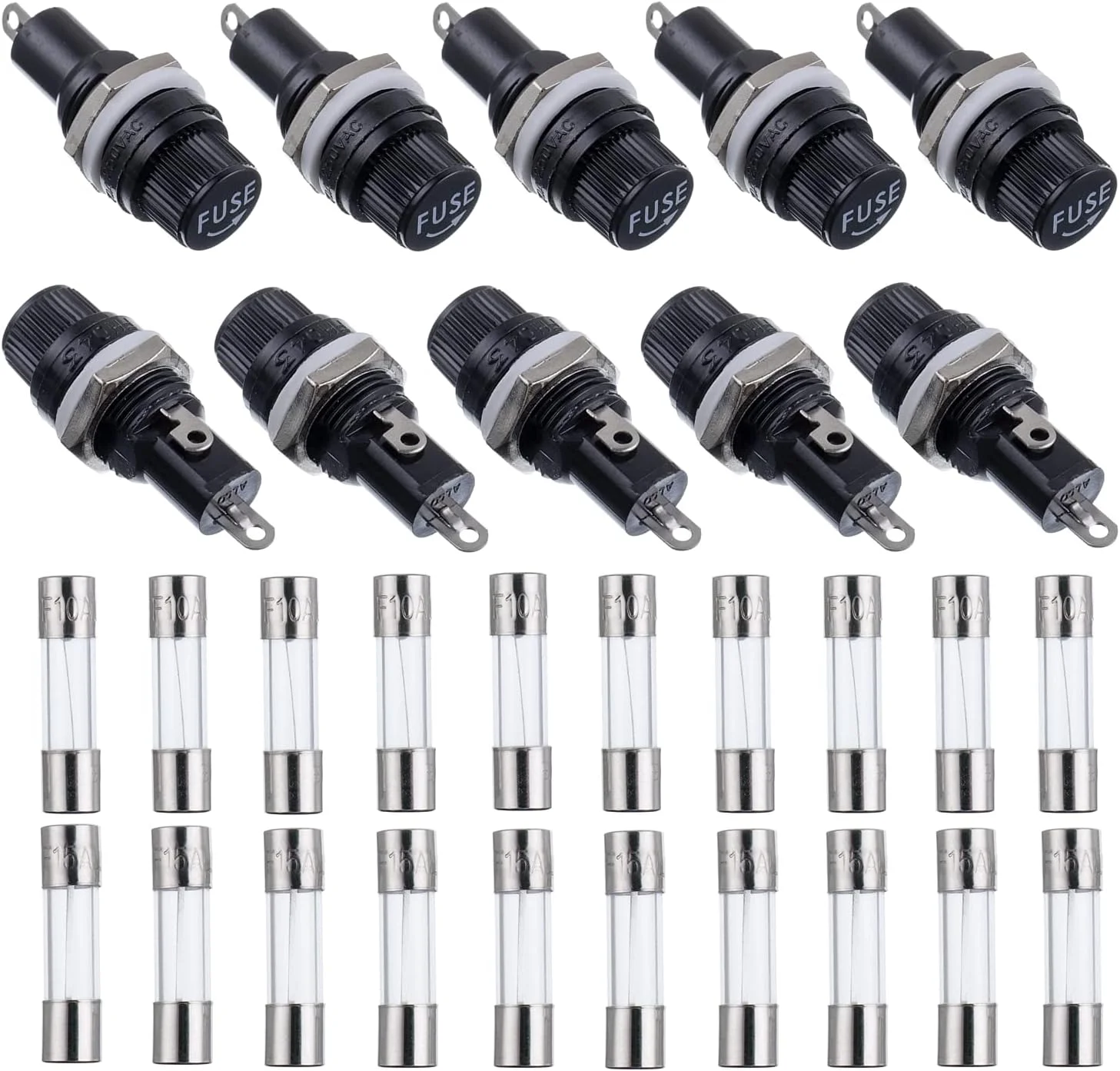بوجک 10 مقدار 30 عدد هولدر فیوز کلاهک پیچی مشکی 5X20mm با ولتاژ 250 VAC 10 A و 125 VAC 15 A به همراه کیت فیوز شیشه ای سریع سوز 10A/15A