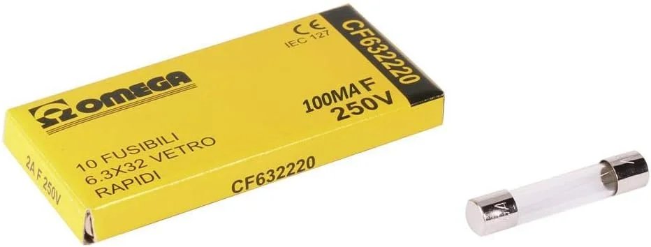 فیوز شیشه ای امگا 250 ولت، فیوز شیشه ای لوله ای سریع سوز، سایز 6.3mmx32mm، جریان نامی 100MA، بسته 10 عددی