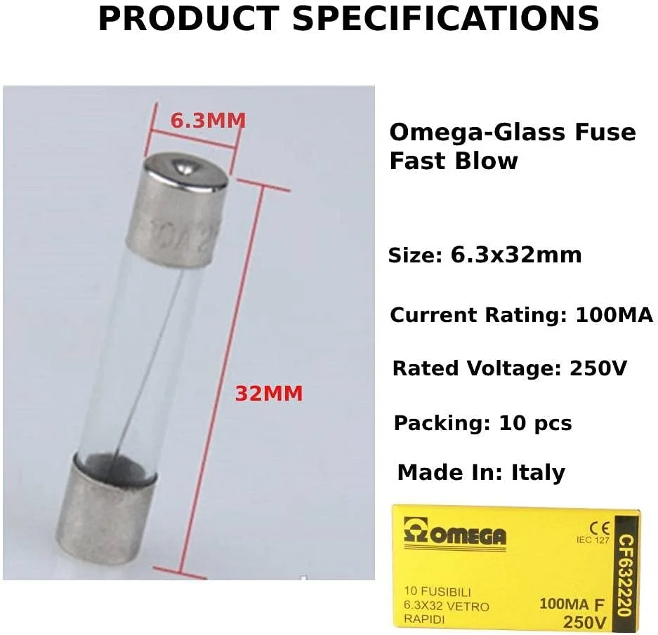 فیوز شیشه ای امگا 250 ولت، فیوز شیشه ای لوله ای سریع سوز، سایز 6.3mmx32mm، جریان نامی 100MA، بسته 10 عددی فیوز شیشه ای امگا 250 ولت، فیوز شیشه ای لوله ای سریع سوز، سایز 6.3mmx32mm، جریان نامی 100MA، بسته 10 عددی