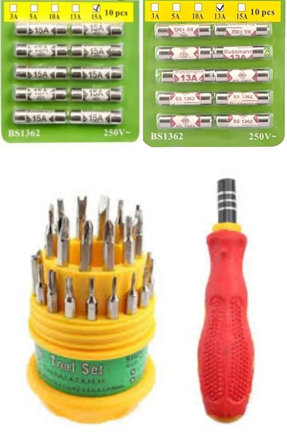 فیوز سرامیکی چینی عباسعلی بسته 10 عددی، فیوزهای سرامیکی سریع سوز 6X25 میلی‌متری به همراه ست پیچ گوشتی 31 در 1 (13 آمپر)