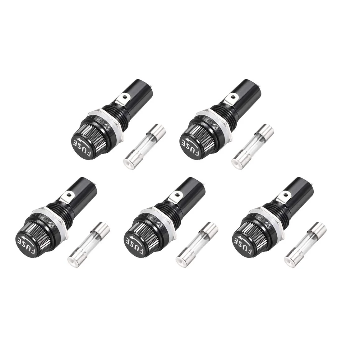 uxcell جا فیوزی پنلی با درپوش پیچی AC 125V/15A 250V/10A مشکی با فیوز شیشه ای 6x30mm 5 ست