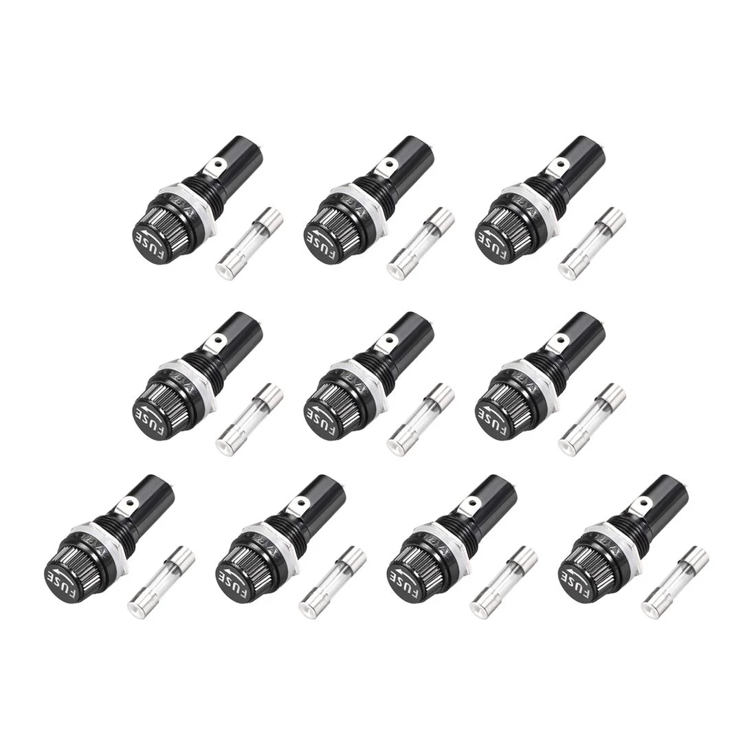 جا فیوزی پنلی با درپوش پیچی AC 125V/15A 250V/10A مشکی همراه با فیوز شیشه ای 6x30mm، 10 عدد