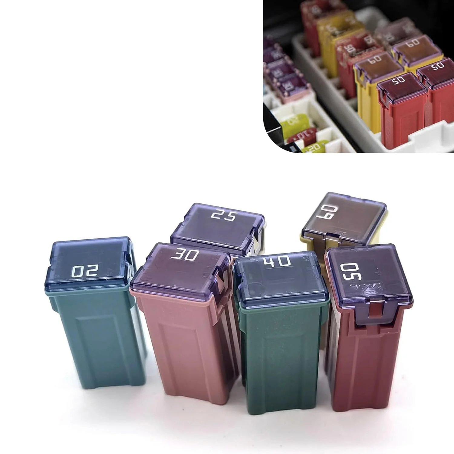 کیت فیوزهای کارتریجی میکرو MOXRUQ شامل 6 عدد فیوزهای جعبه ای بلند خودرویی با آمپرهای 20A/25A/30A/40A/50A/60A، فیوزهای کارتریجی مینی بلوک 32 ولت چند مدلی برای خودروها و SUVها (چند رنگ)