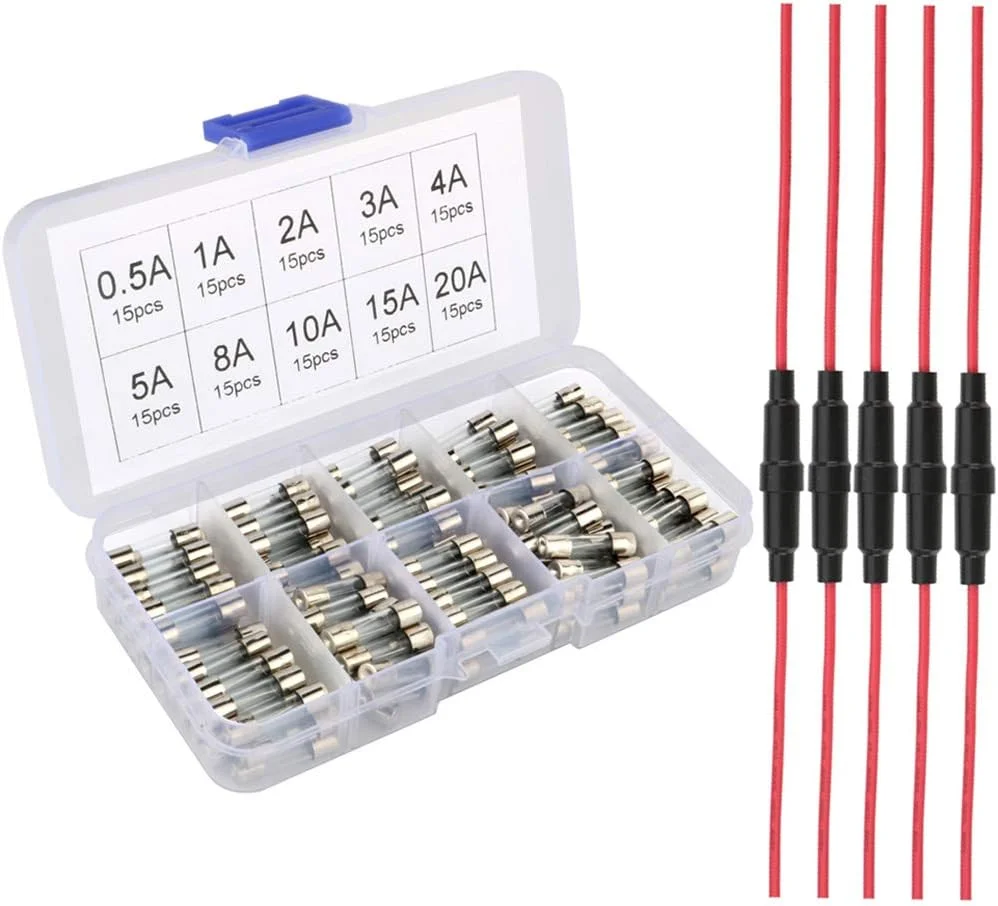 Gebildet 5 عدد جا فیوزی AGC نوع پیچی 5x20mm با سیم 16 AWG + 150 عدد فیوز شیشه ای سریع سوز 5x20mm کیت متنوع فیوزهای لوله شیشه ای خودرو
