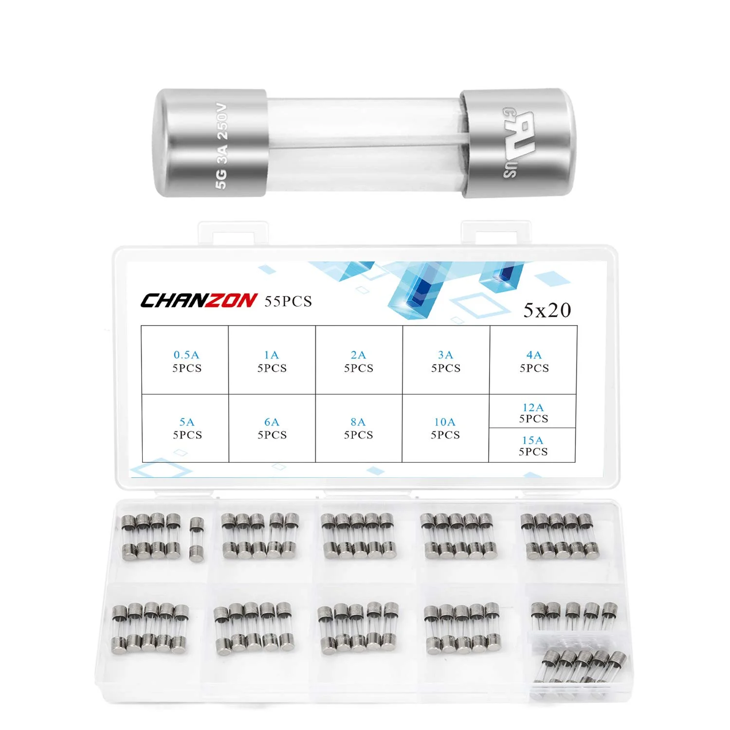 مجموعه 55 عددی فیوز شیشه ای کارتریجی 5x20 میلی متری AGC دارای تاییدیه UL، فیوز سریع سوز 125 ولت (250 ولت) با آمپرهای 0.5A 1A 2A 3A 4A 5A 6A 8A 10A 12A 15A