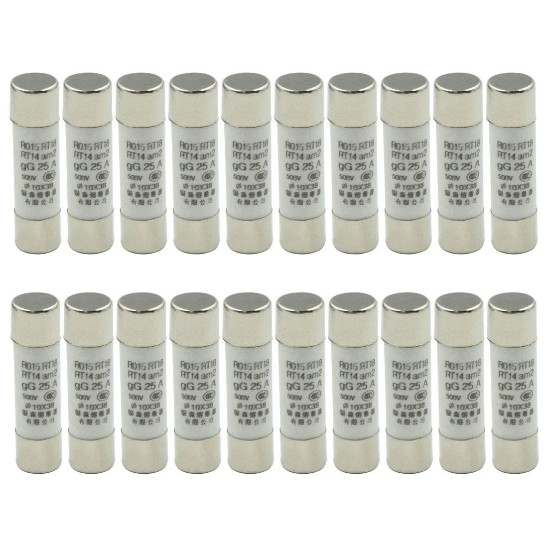 فیوزهای سرامیکی سریع سوز Hxchen 500V 25A R015 RT18 RT14، 10x38 میلی‌متر (0.4" x 1.5") - (20 عدد)