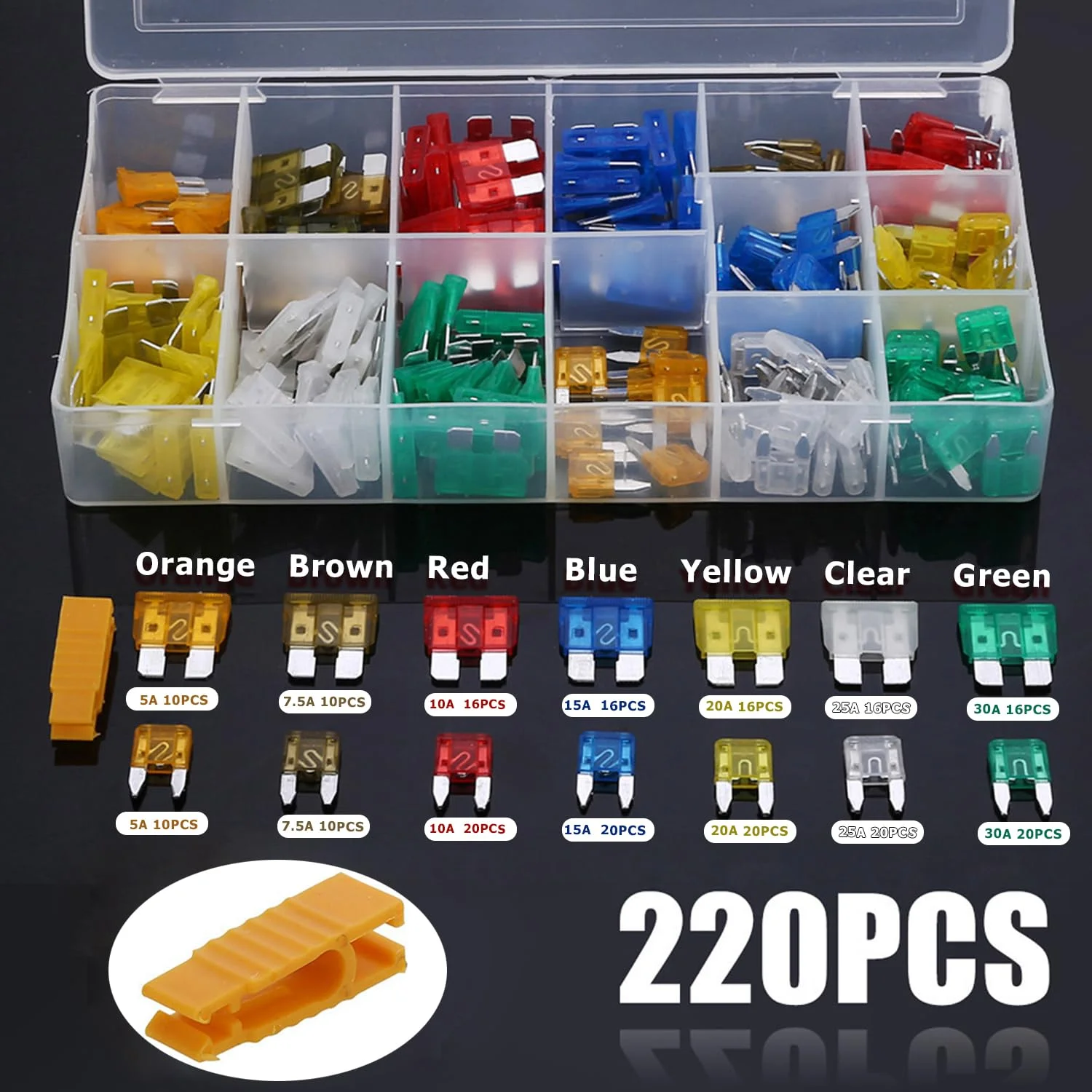 مجموعه 220 عددی فیوز تیغه ای خودرو RYGDENG، سایز متوسط و کوچک، مناسب برای انواع خودرو و کامیون، شامل آمپرهای 5A 7.5A 10A 15A 20A 25A 30A به همراه جعبه مجموعه 220 عددی فیوز تیغه ای خودرو RYGDENG، سایز متوسط و کوچک، مناسب برای انواع خودرو و کامیون، شامل آمپرهای 5A 7.5A 10A 15A 20A 25A 30A به همراه جعبه