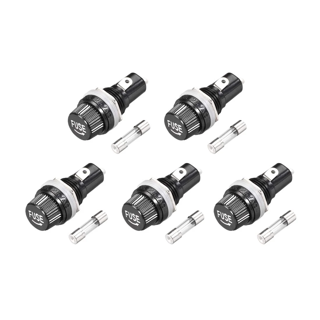 sourcing map هولدر فیوز پنلی با درپوش پیچی AC 125V/15A 250V/10A به همراه فیوز شیشه ای 5x20mm، 5 ست