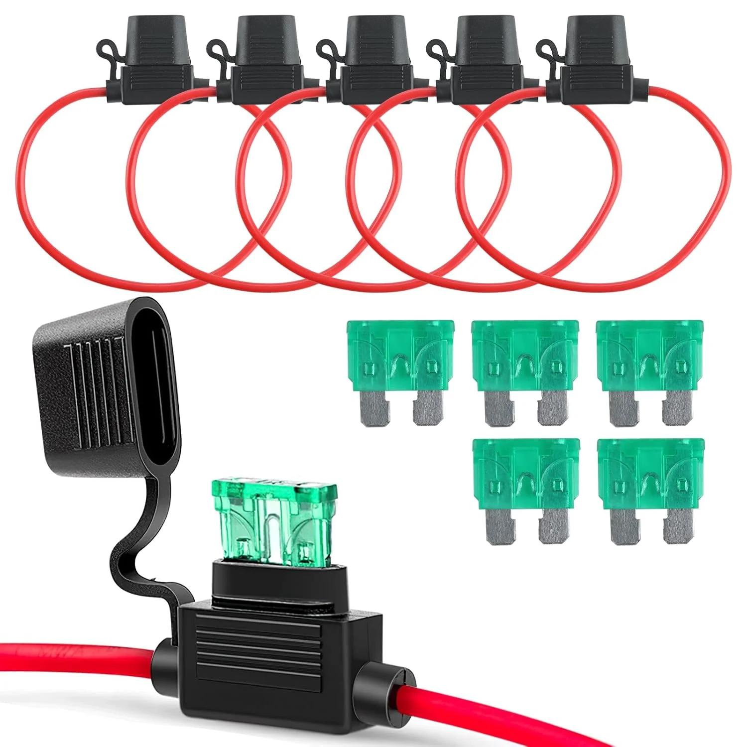 پنج عدد جا فیوزی خطی 12 ولت 12AWG ضد آب خودرویی سایز متوسط DC با فیوز تیغه ای 30 آمپر سیم مسی برای ماشین کامیون موتور سیکلت قایق محافظت قابل اعتماد در برابر جریان اضافه و نصب آسان