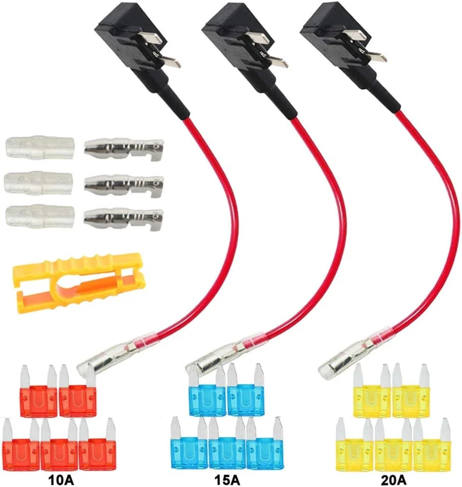 QitinDasen FULARR 3 عدد شیر فیوز پریمیوم ACS Add-A-Circuit، کیت نگهدارنده فیوز تیغه ای Piggy Back به همراه دسته سیم، فیوزهای تیغه ای مینی رایگان X 15 عدد، فیوز کش X 1 عدد - 12 ولت / 24 ولت