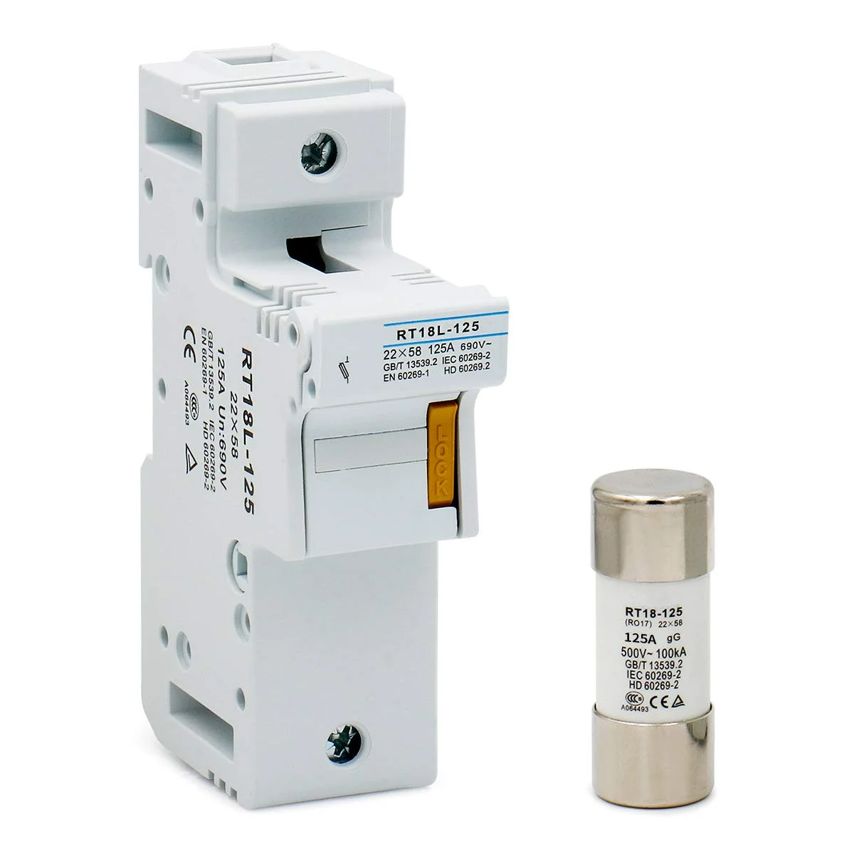 پایه فیوز استوانه ای RT18L-125، 22mm X 58mm، تک پل، نصب روی ریل DIN، دارای گواهینامه CE&TüV، شامل 5 عدد فیوز RO17 (125 آمپر)