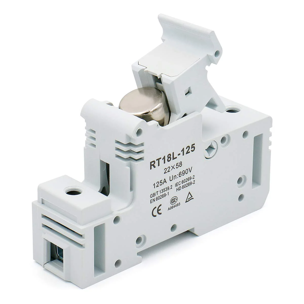 پایه فیوز استوانه ای RT18L-125، 22mm X 58mm، تک پل، نصب روی ریل DIN، دارای گواهینامه CE&TüV، شامل 5 عدد فیوز RO17 (125 آمپر) پایه فیوز استوانه ای RT18L-125، 22mm X 58mm، تک پل، نصب روی ریل DIN، دارای گواهینامه CE&TüV، شامل 5 عدد فیوز RO17 (125 آمپر)