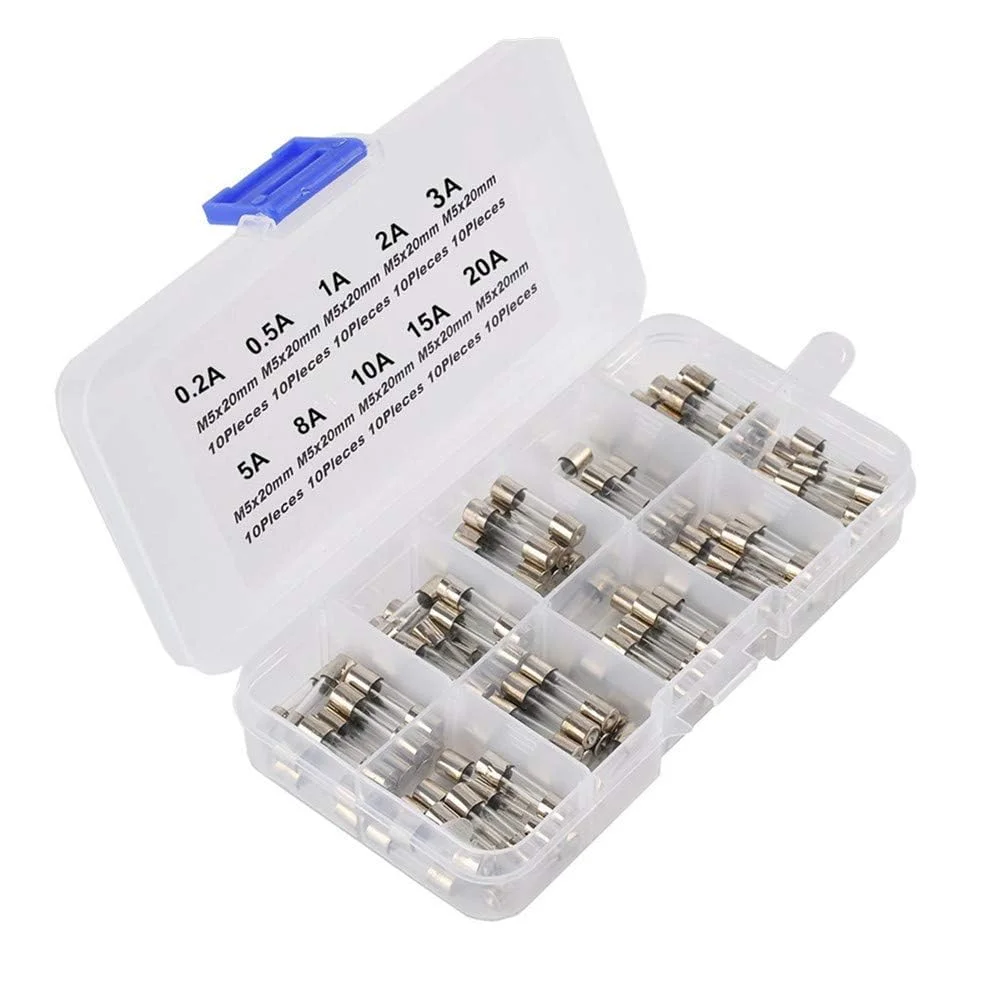 فیوزهای شیشه ای سریع سوز (100 عدد، 5x20 میلی متر، آمپر 0.2A/ 0.5A/ 1A/ 3A/ 8A/ 10A/ 15A/ 20A)