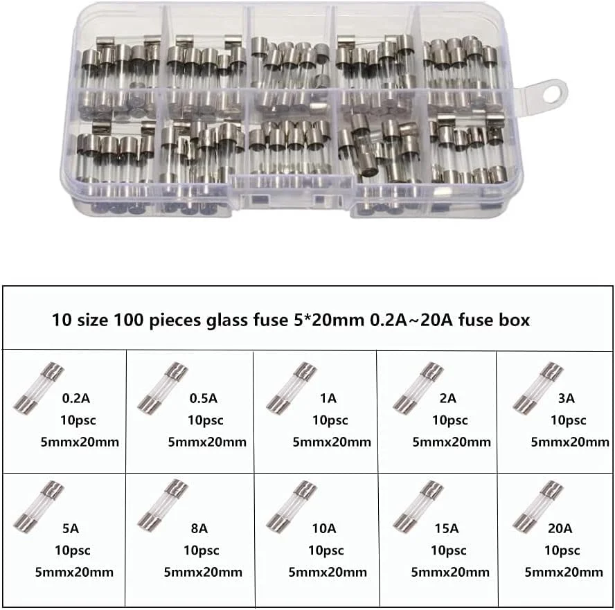 فیوزهای شیشه ای سریع سوز (100 عدد، 5x20 میلی متر، آمپر 0.2A/ 0.5A/ 1A/ 3A/ 8A/ 10A/ 15A/ 20A) فیوزهای شیشه ای سریع سوز (100 عدد، 5x20 میلی متر، آمپر 0.2A/ 0.5A/ 1A/ 3A/ 8A/ 10A/ 15A/ 20A)