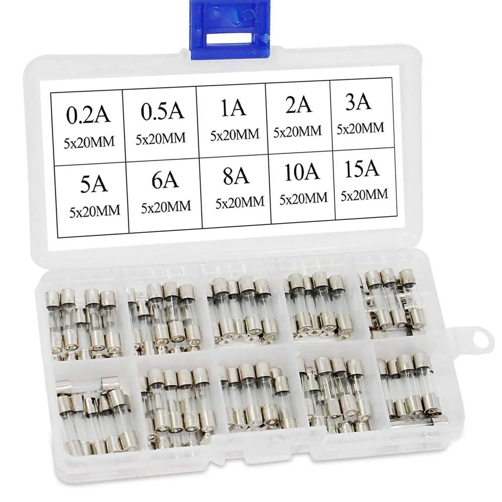 کیت 100 عددی فیوز شیشه ای سریع سوز 10 مقدار مختلف 5x20mm 250V، فیوز شیشه ای لوله ای سریع سوز، 0.2A 0.5A 1A 2A 3A 5A 6A 8A 10A 15A، کیت های متنوع فیوز شیشه ای سریع سوز