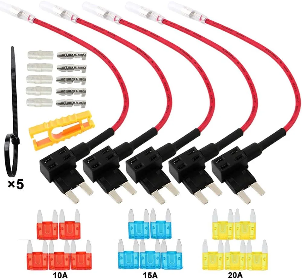 ست 5 عددی فیوز انشعاب گیر ACS کوچک ممتاز، کیت نگهدارنده فیوز تیغه ای با سیم، 15 عدد فیوز تیغه ای مینی رایگان، 1 عدد فیوز کش، 5 عدد بست کمربندی (12 ولت / 24 ولت)